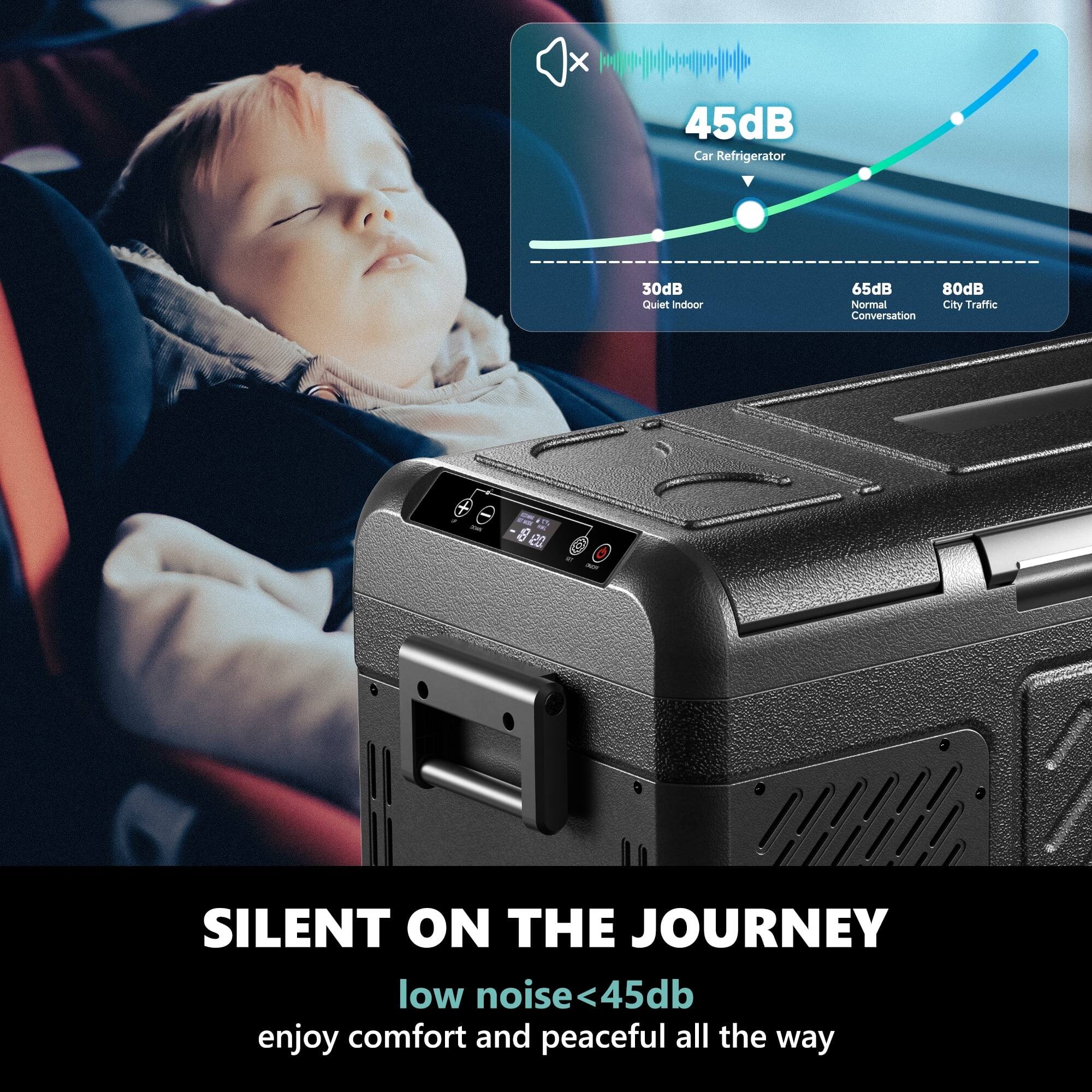 45dB  
Car Refrigerator  

30dB  
Quiet Indoor  

65dB  
Normal  

80dB  
City Traffic  

SILENT ON THE JOURNEY  
low noise <45db  
enjoy comfort and peaceful all the way
