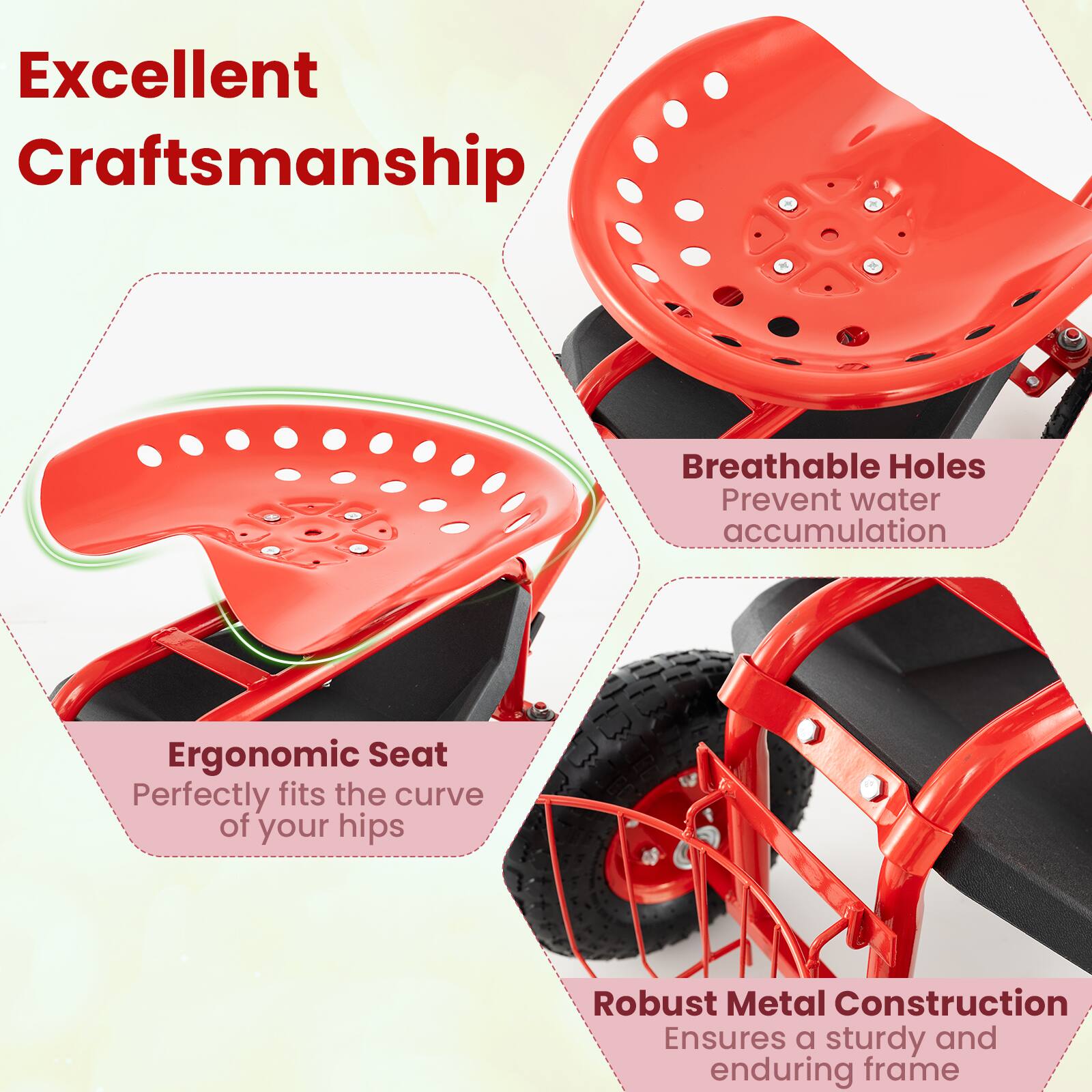 Excellent Craftsmanship, Breathable Holes Prevent water accumulation, Ergonomic Seat Perfectly fits the curve of your hips, Robust Metal Construction Ensures a sturdy and enduring frame
