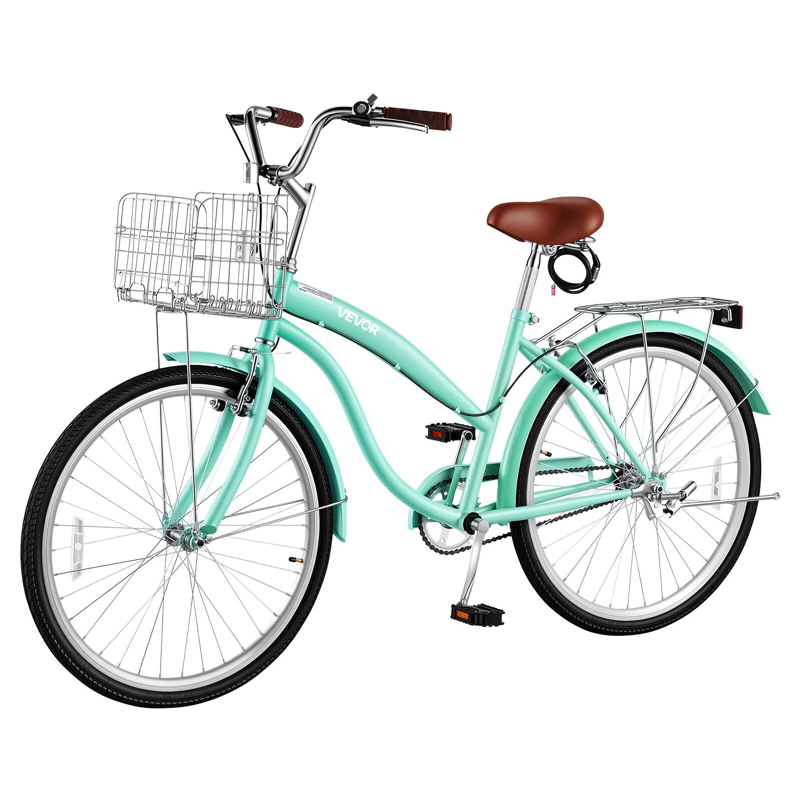 Alt View 5. VEVOR - Women Bike, 26 in Beach Cruiser Bike, Single-Speed Adult City Bicycle with Steel Frame, 330 lbs Capacity, Basket - Light Green.