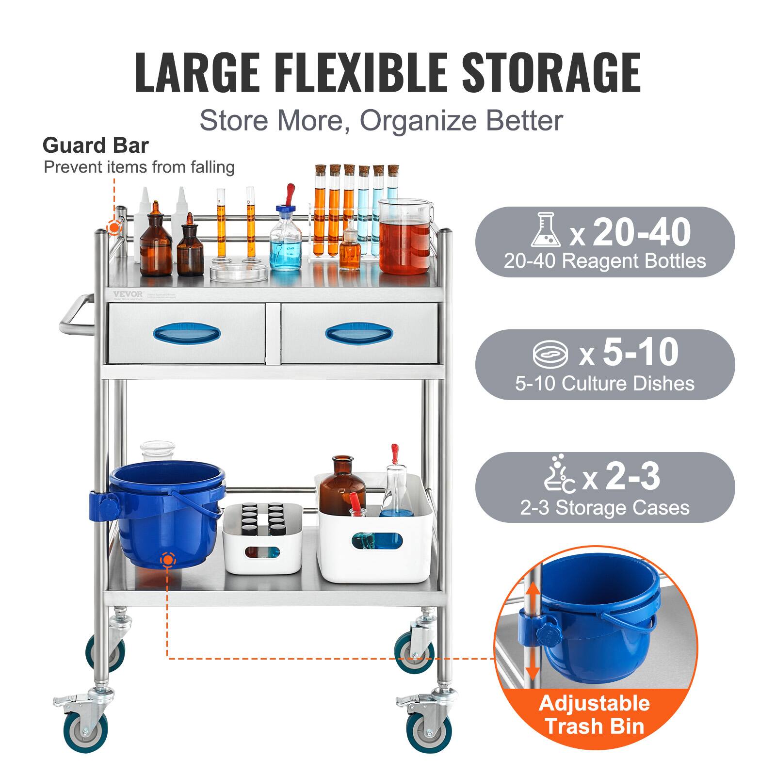 LARGE FLEXIBLE STORAGE
Store More, Organize Better
Guard Bar
Prevent items from falling

X 20-40
20-40 Reagent Bottles

X 5-10
5-10 Culture Dishes

X 2-3
2-3 Storage Cases

Adjustable Trash Bin
