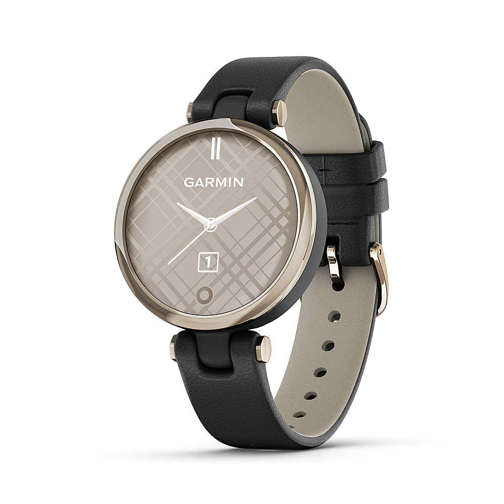 Left View: Garmin Lily™ Smartwatch - Cream Gold Bezel with Black Case and Italian Leather Band