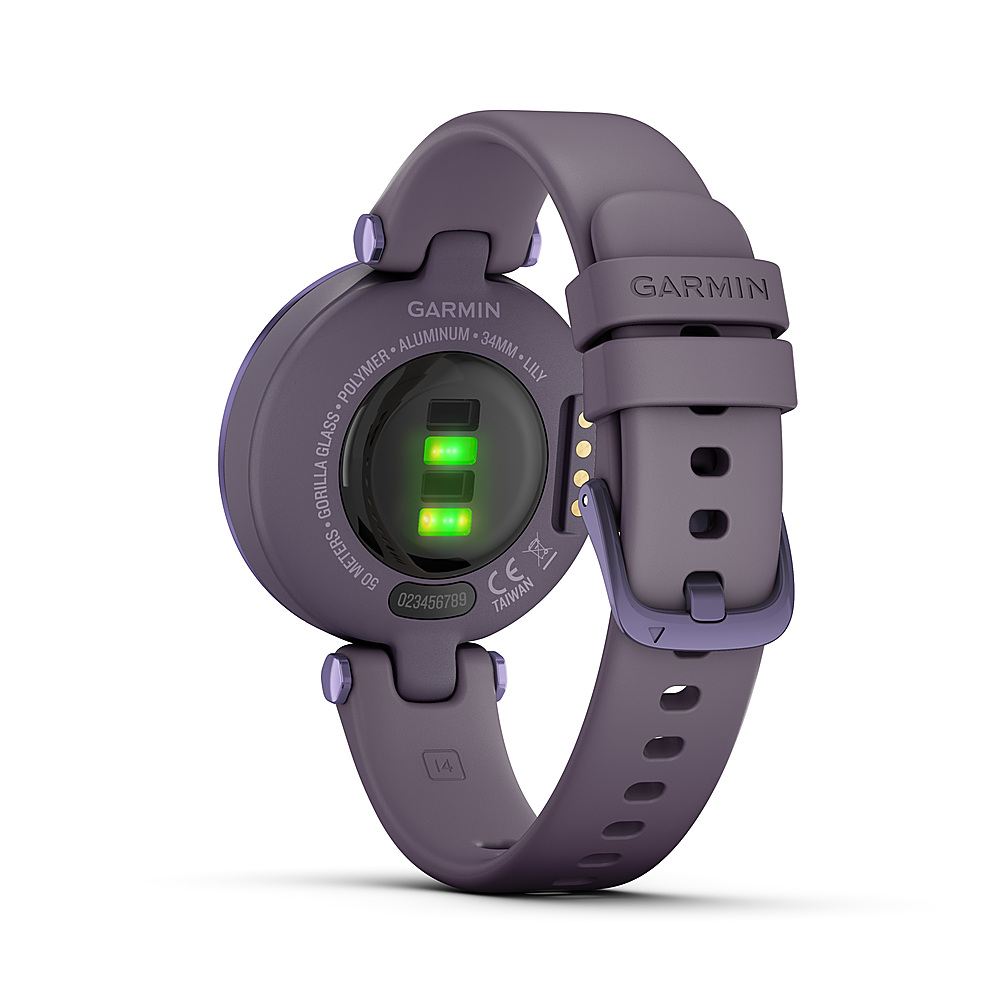 Back View: Garmin Lily™ Midnight Orchid Bezel with Deep Orchid Case and Silicone Band