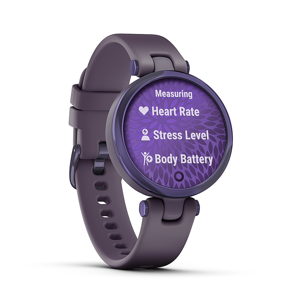 Angle View: Garmin Lily™ Midnight Orchid Bezel with Deep Orchid Case and Silicone Band