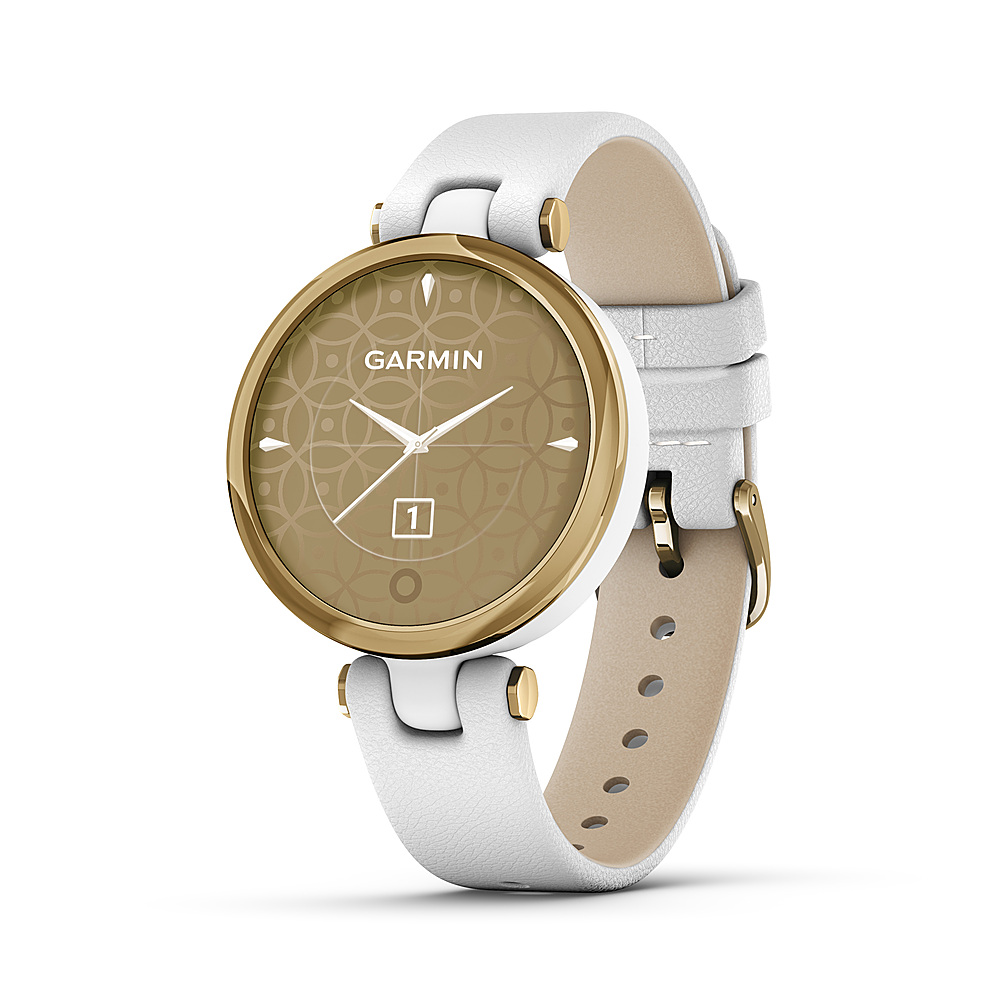 Left View: Garmin Lily Classic Edition, Light Gold Bezel w White Case & Italian Leather Band Watch