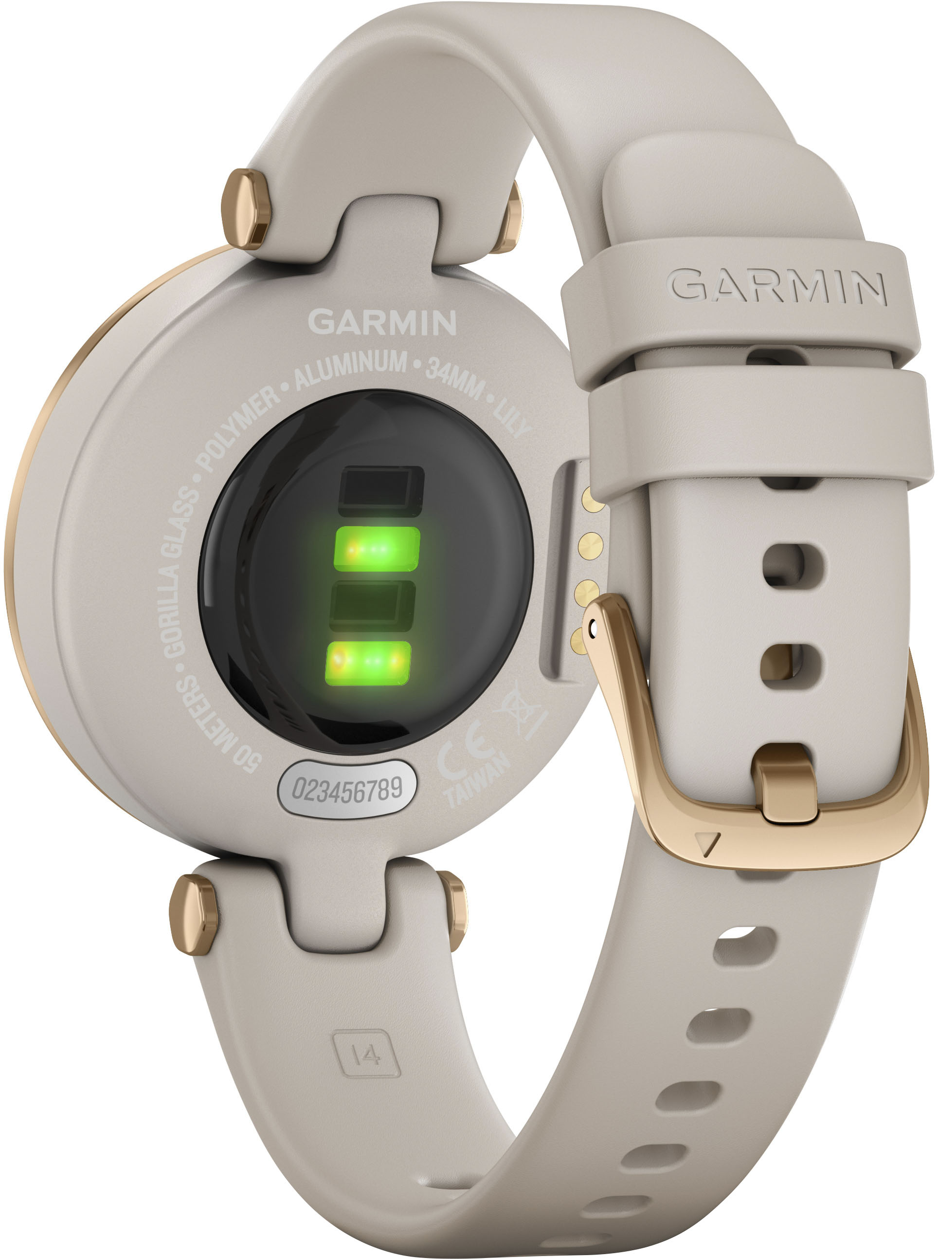 Back View: Garmin Lily™ Rose Gold Bezel with Light Sand Case and Silicone Band