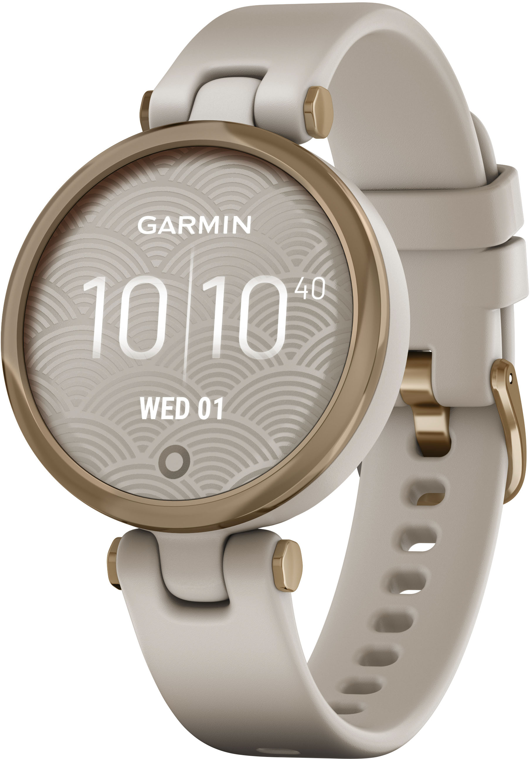 Left View: Garmin Lily™ Rose Gold Bezel with Light Sand Case and Silicone Band