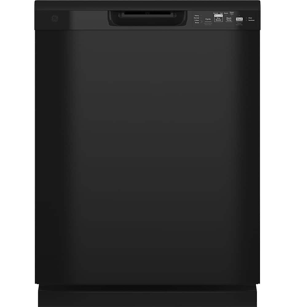 Front. GE - 24" Front Control Built-In Plastic Tub Dishwasher with Steam + Sanitization and 55 dBA - Black.