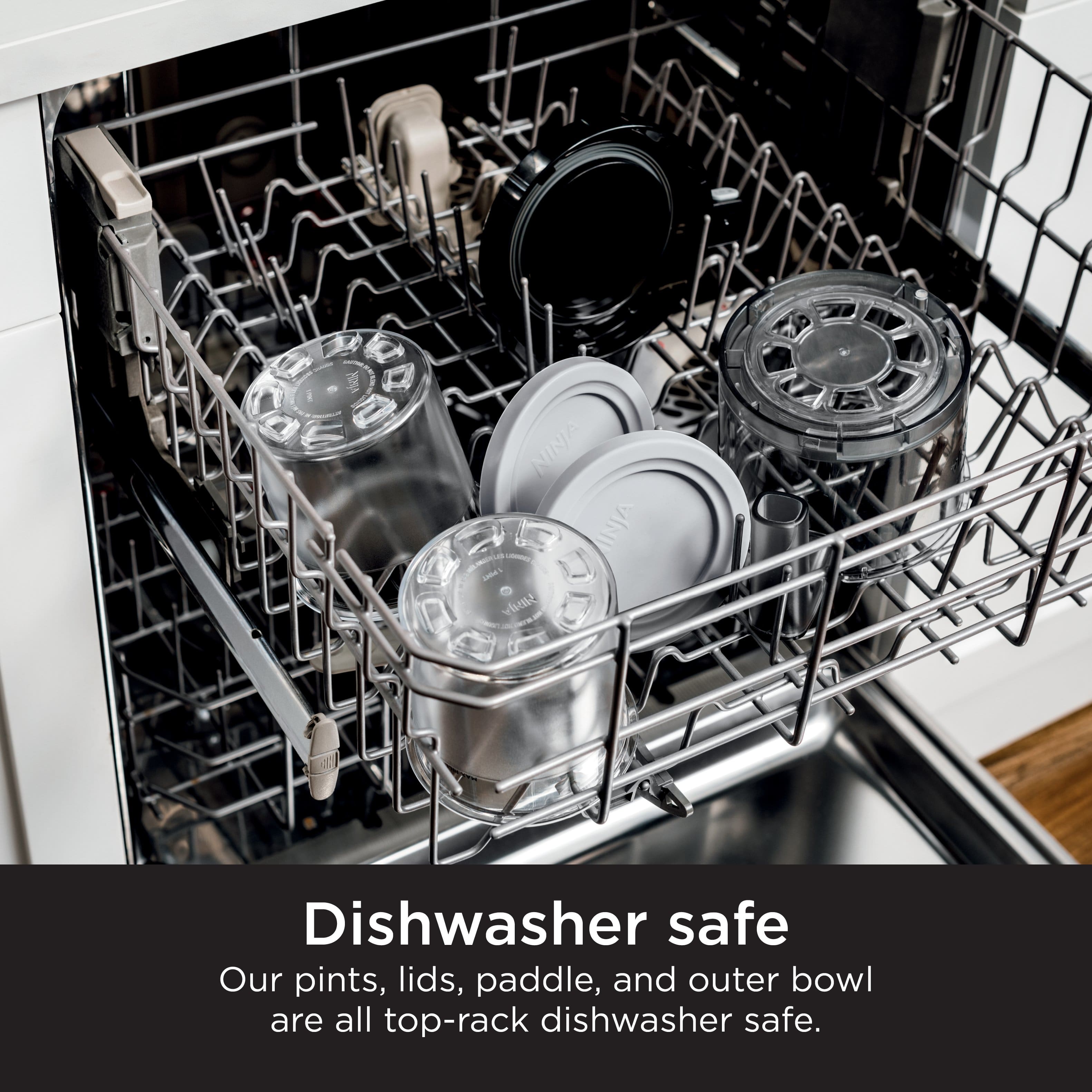 "Dishwasher safe: Our pints, lids, paddle, and outer bowl are all top-rack dishwasher safe."