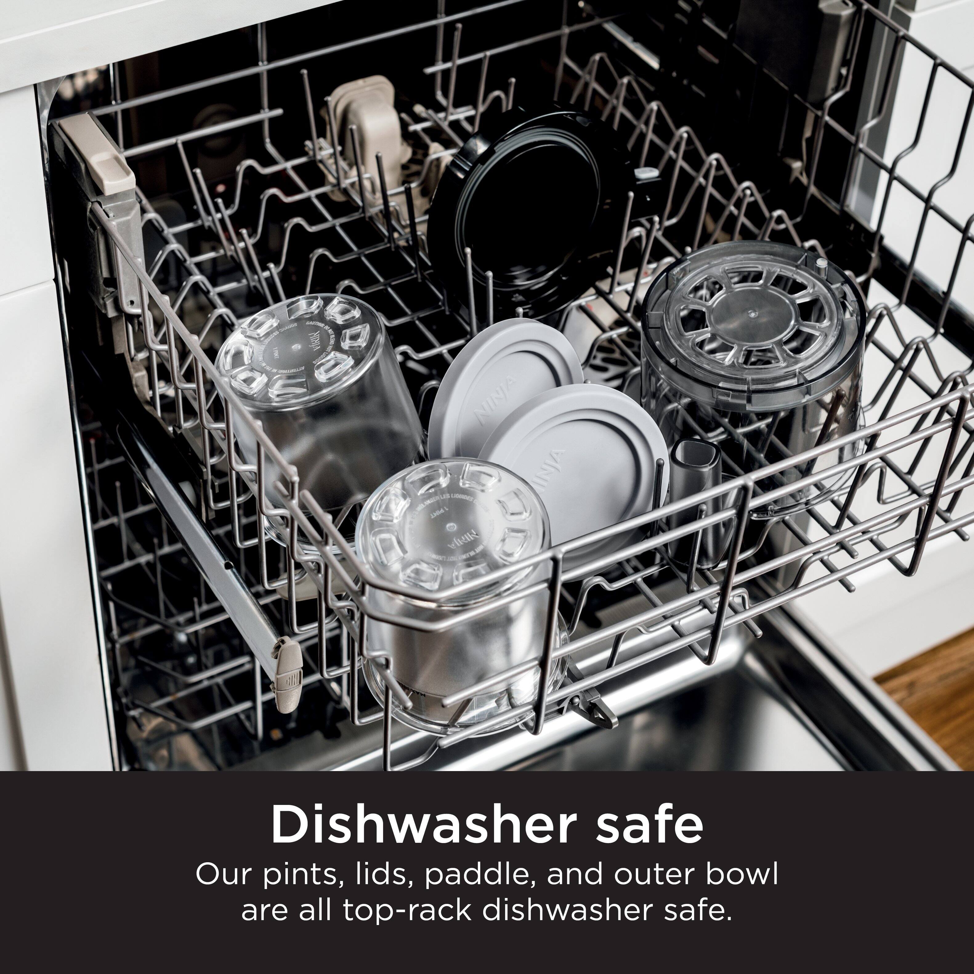 "Dishwasher safe: Our pints, lids, paddle, and outer bowl are all top-rack dishwasher safe."
