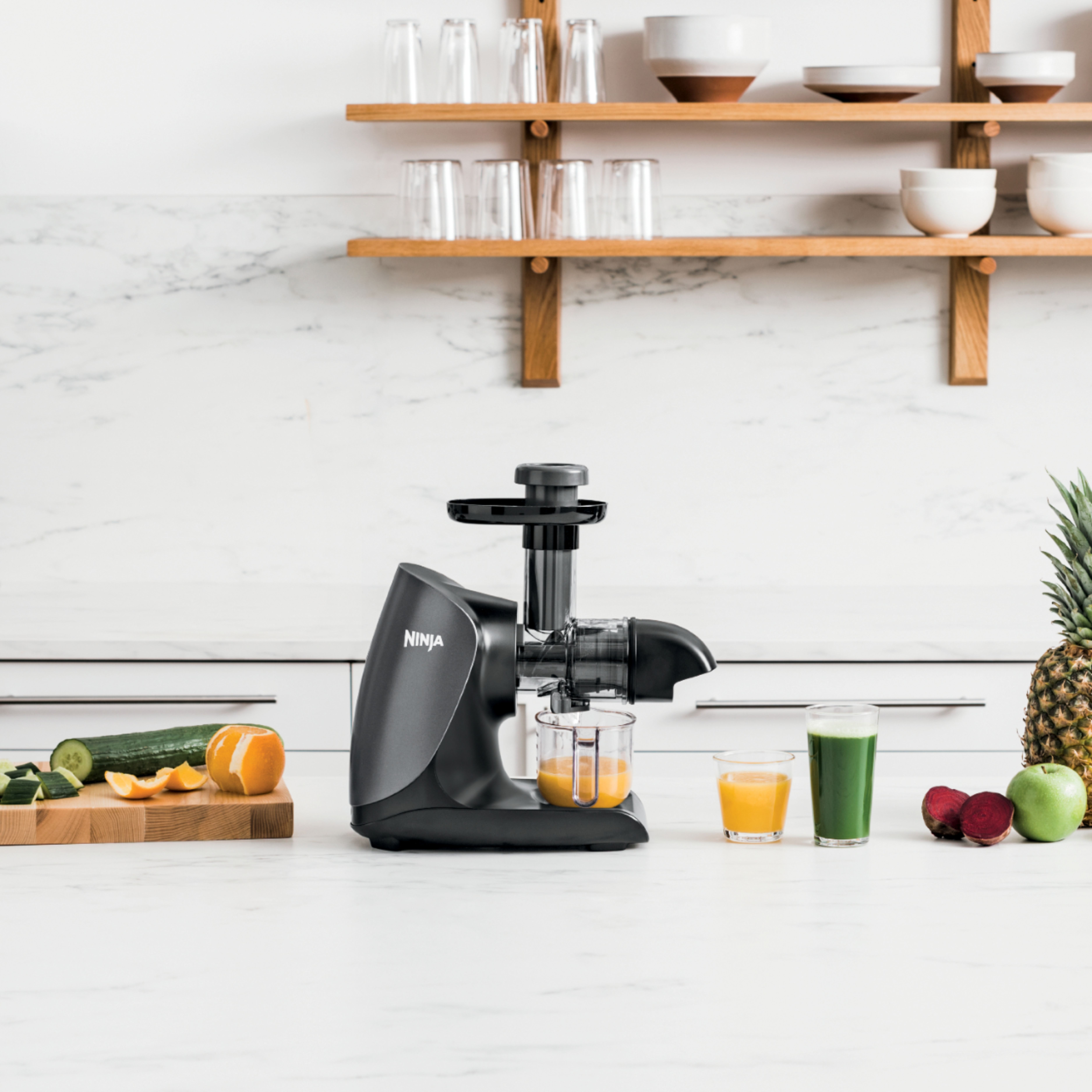 Left View: Omega - MegaMouth Vertical Low Speed Juicer with Smart Cap Spout Tap - Silver
