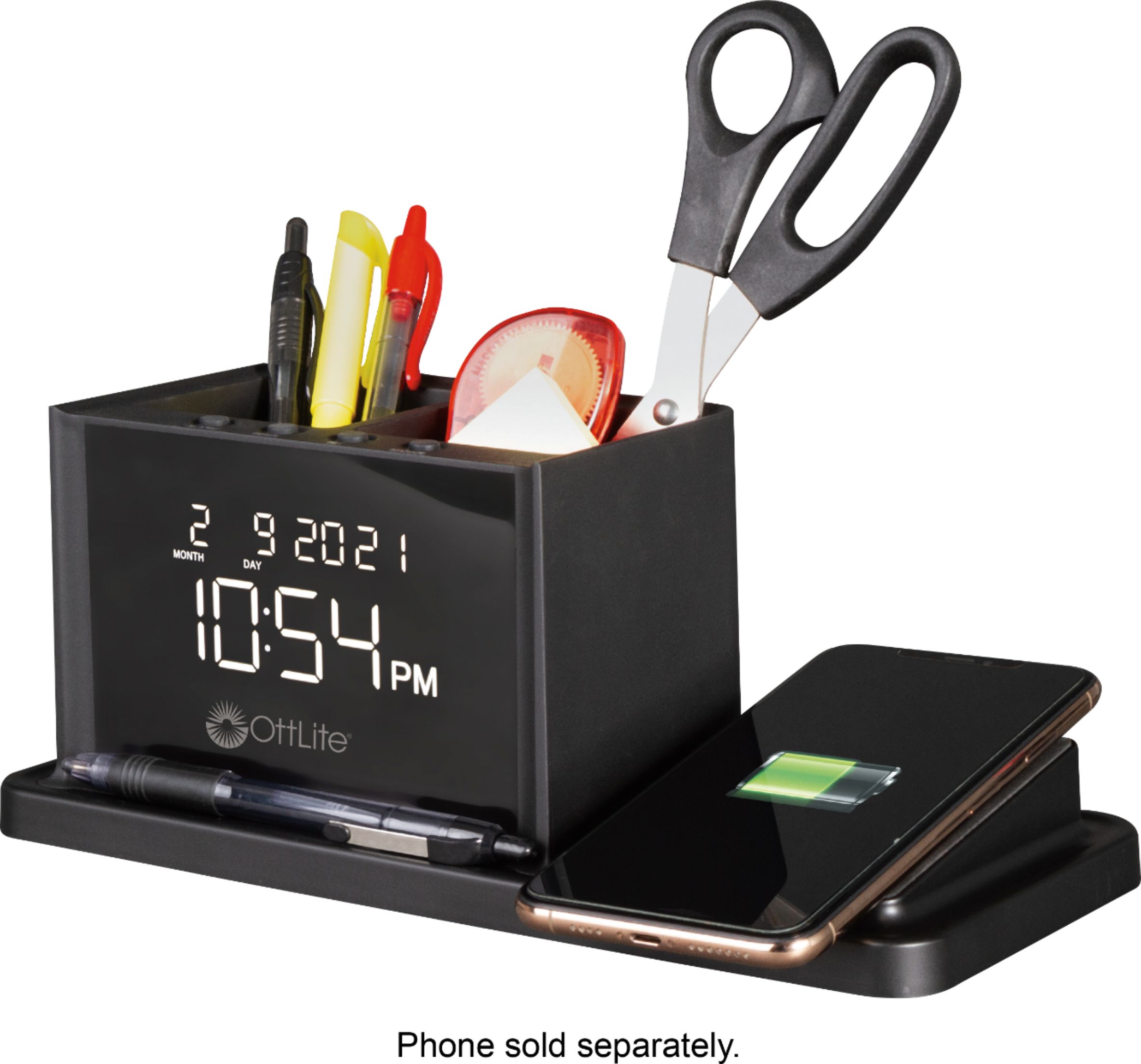 Angle View: OttLite - AO3G5T LCD Digital Alarm Clock with Organizer and Qi Wireless Charging