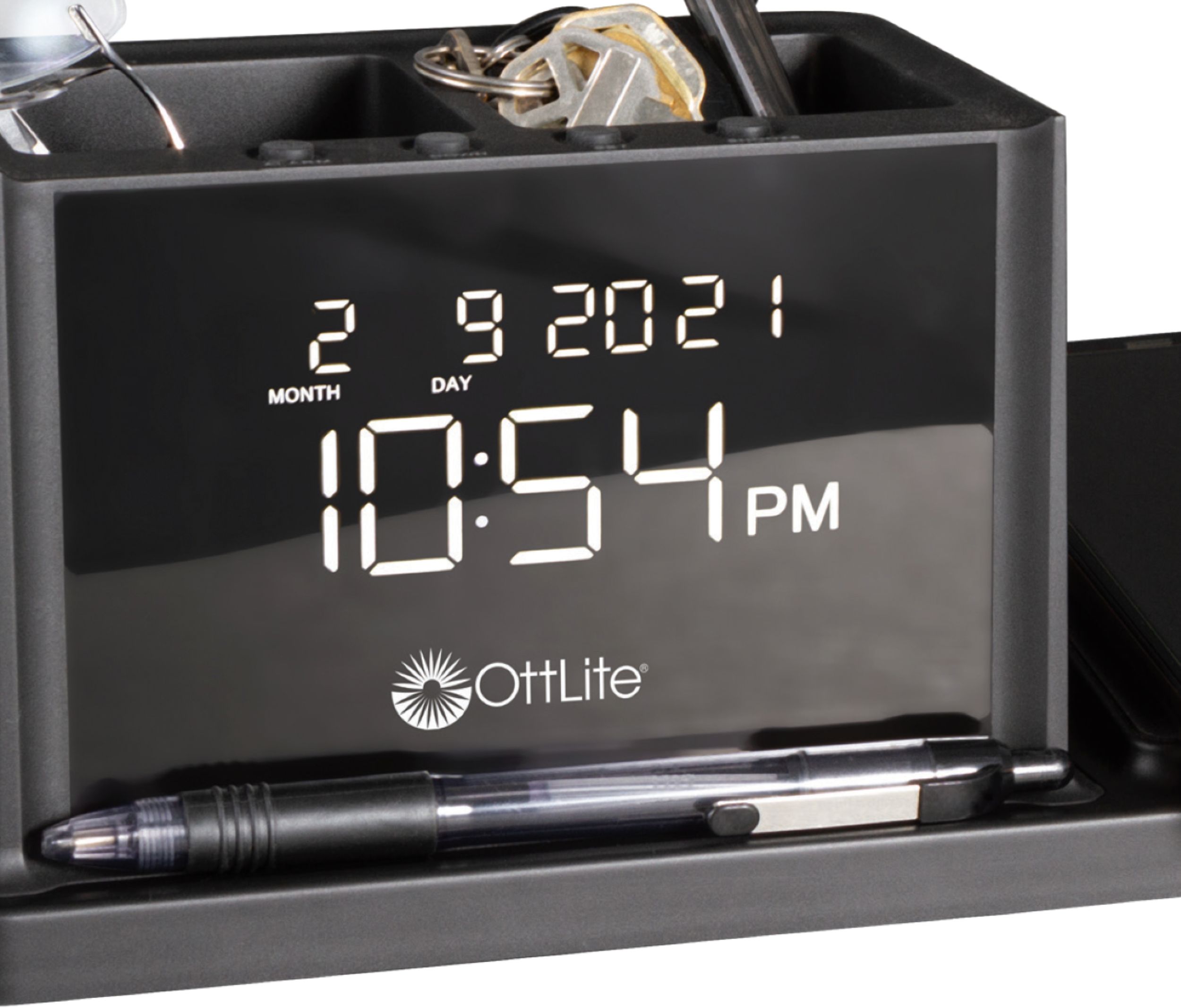 Left View: OttLite - AO3G5T LCD Digital Alarm Clock with Organizer and Qi Wireless Charging