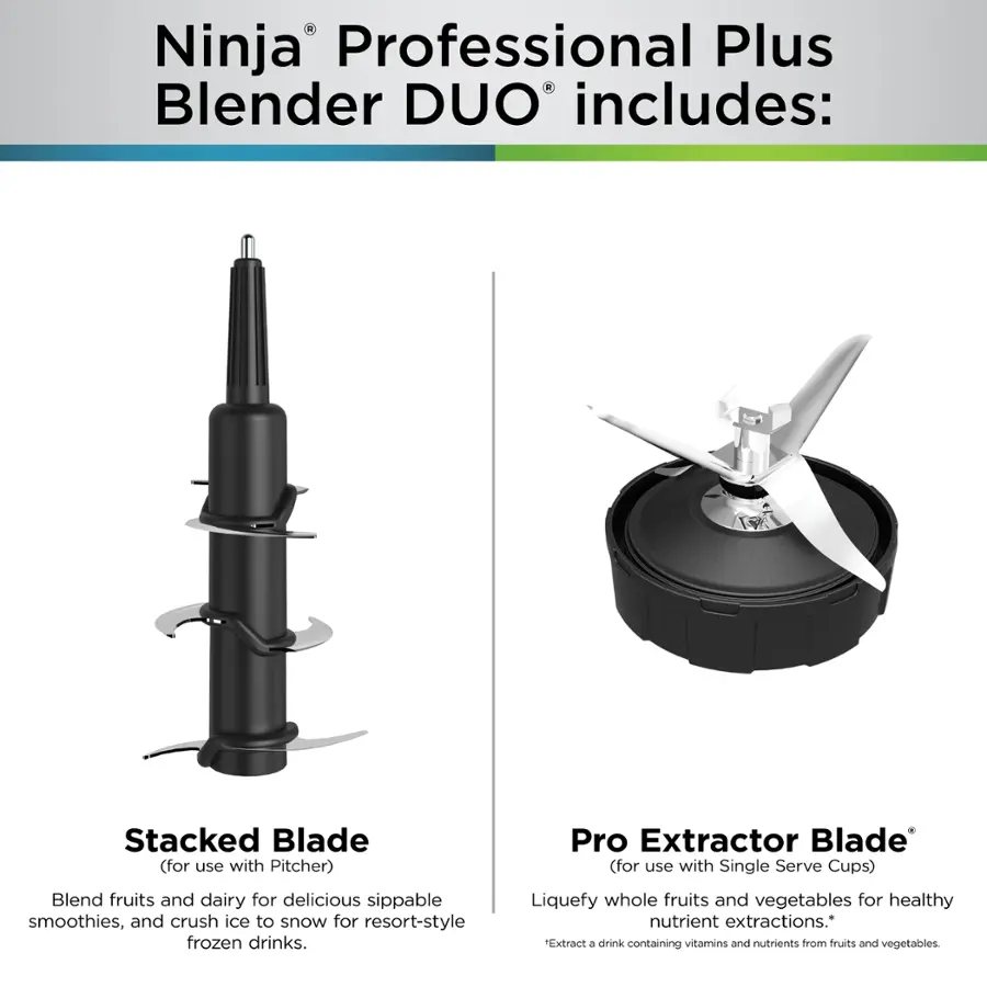 The image features a Ninja Professional Plus Blender DUO, which includes a Stacked Blade and a Pro Extractor Blade. The Stacked Blade is designed for use with the Pitcher, while the Pro Extractor Blade is intended for use with Single Serve Cups. This blender is perfect for making delicious sippable smoothies by blending fruits and dairy, as well as crushing ice to create resort-style frozen drinks. Additionally, it can be used to liquefy whole fruits and vegetables for healthy nutrient extractions.