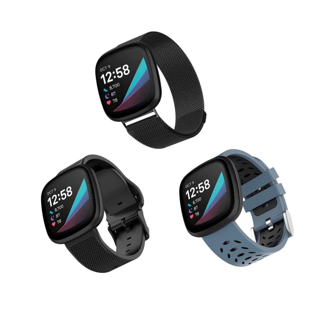 Angle View: WITHit - Band Kit for Fitbit Versa 3 and Fitbit Sense (3-Pack) - Black Mesh/Bluestone Sport & Black Woven Silicone