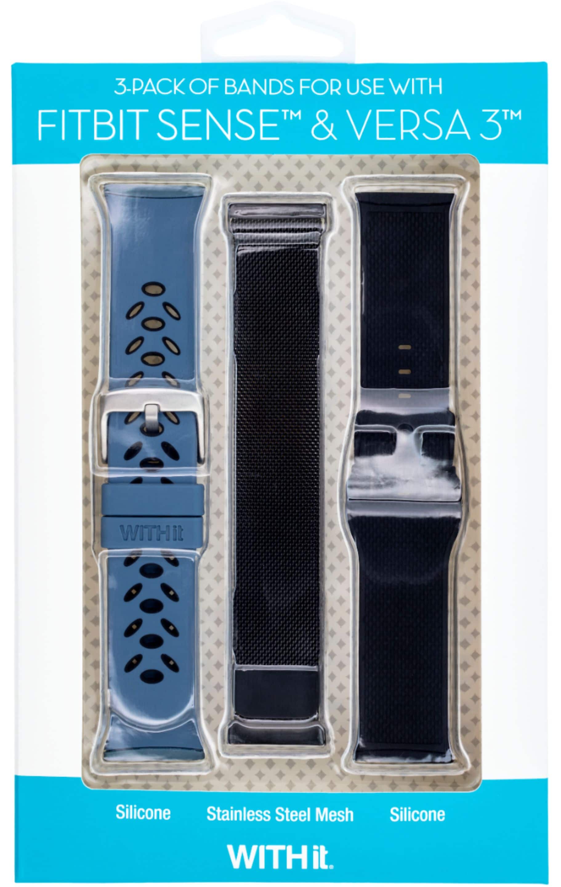3-PACK OF BANDS FOR USE WITH FITBIT SENSE & VERSA 3 WITH IT. SILICONE STAINLESS STEEL MESH SILICONE.