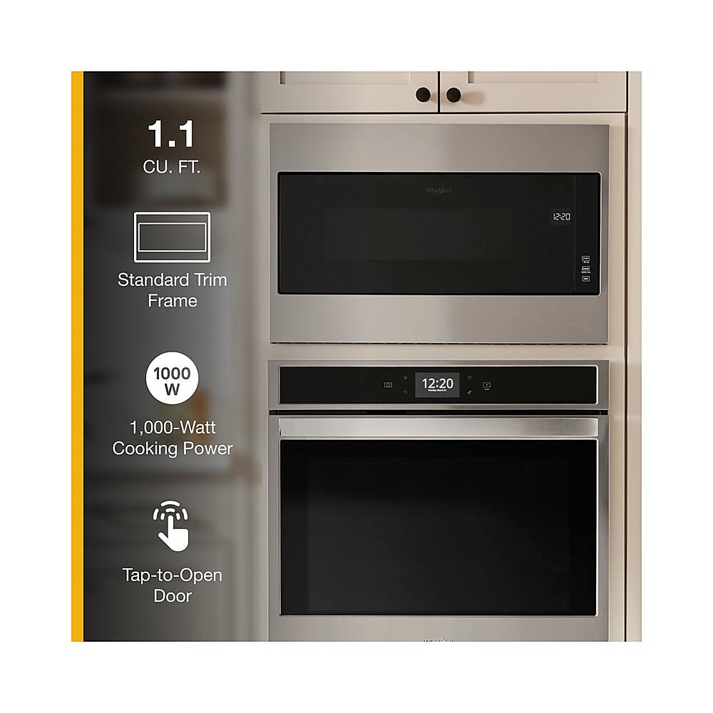 The text on the image is grouped and corrected as follows:

1.1 CU. FT. 1220 Standard Trim Frame IT 1000 W i 12:20 1,000-Watt Cooking Power Tap-to-Open Door