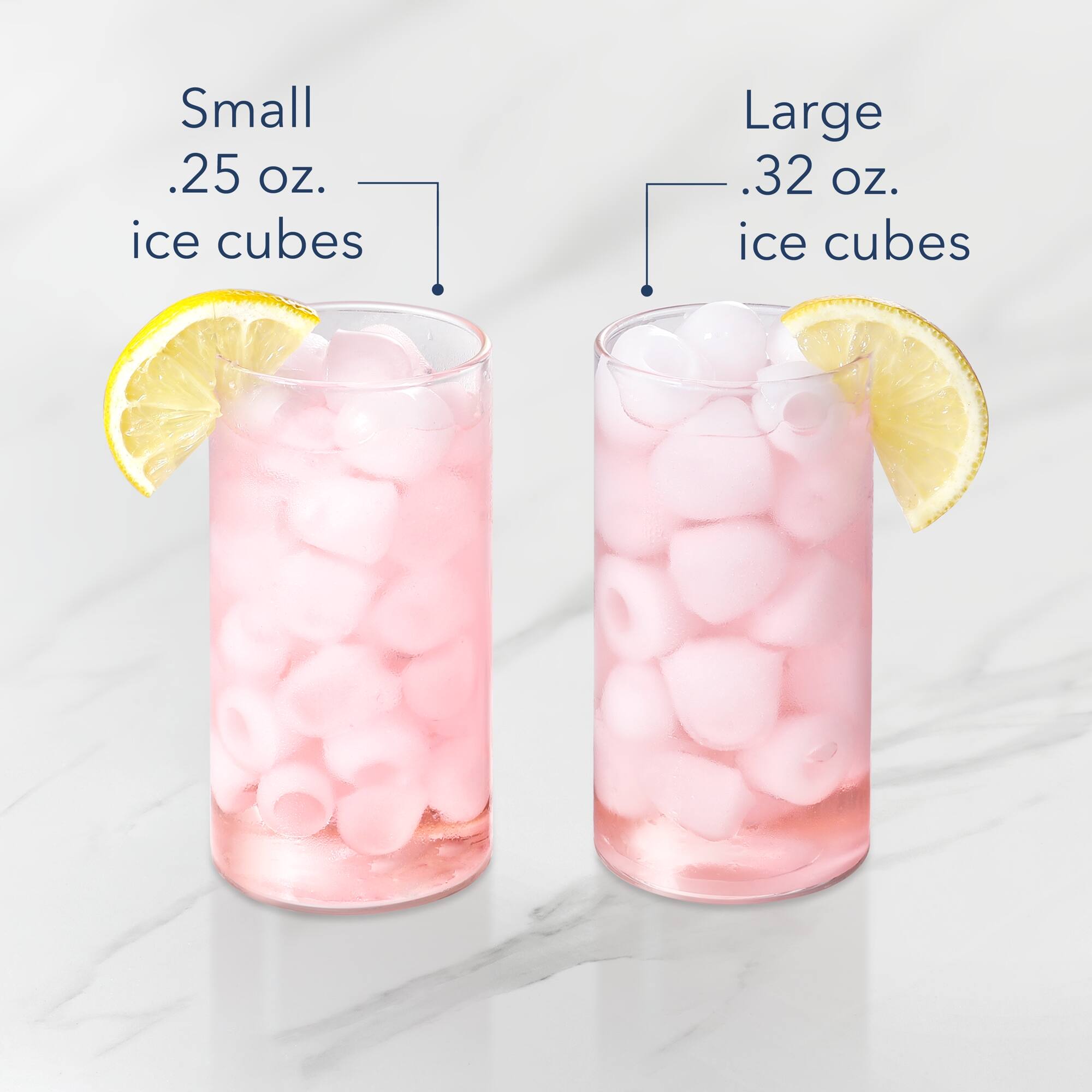 The image features two glasses of pink beverages, each containing different sizes of ice cubes. The small glass has 25 oz. of ice cubes, while the large glass has 32 oz. of ice cubes.