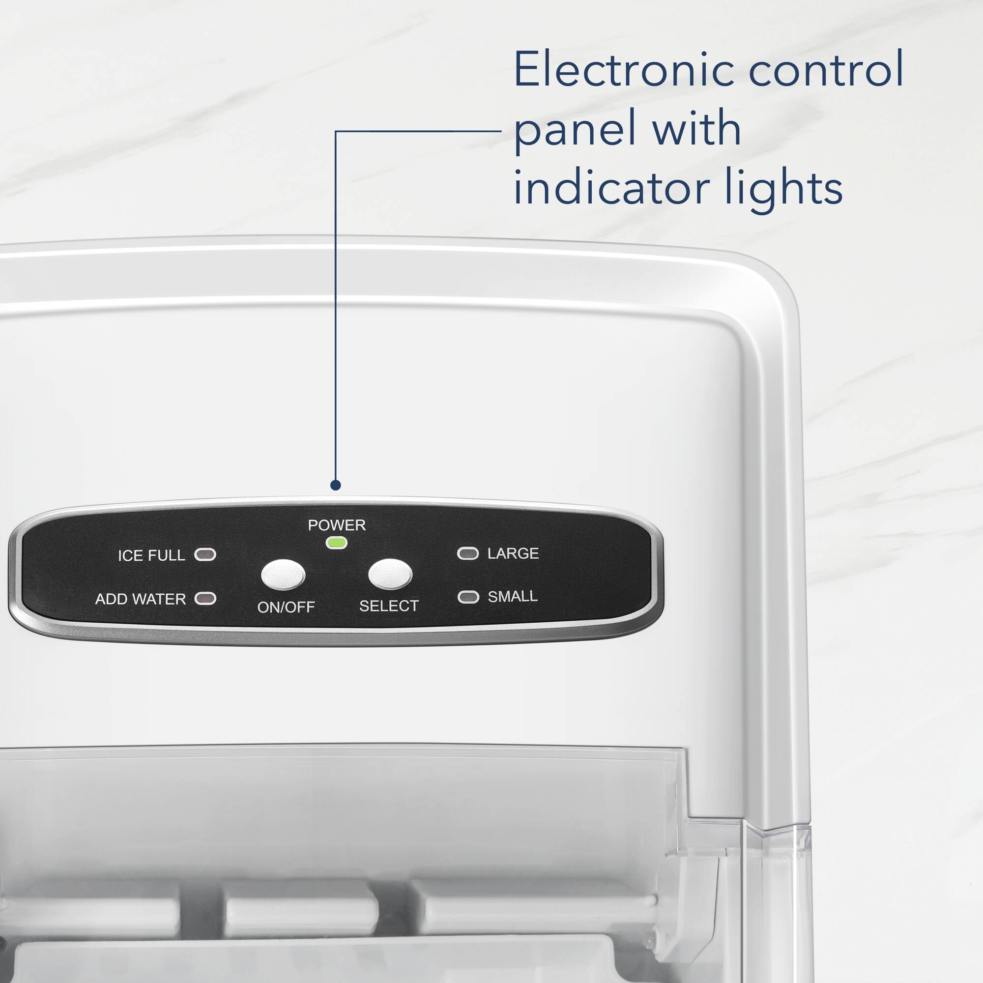 The image features a close-up view of an electronic control panel with indicator lights. The panel has a power button, an ice full button, and an add water button. There is also a large button for selecting the size of the ice. The control panel is part of a refrigerator, and the lights are used to indicate the status of the appliance.
