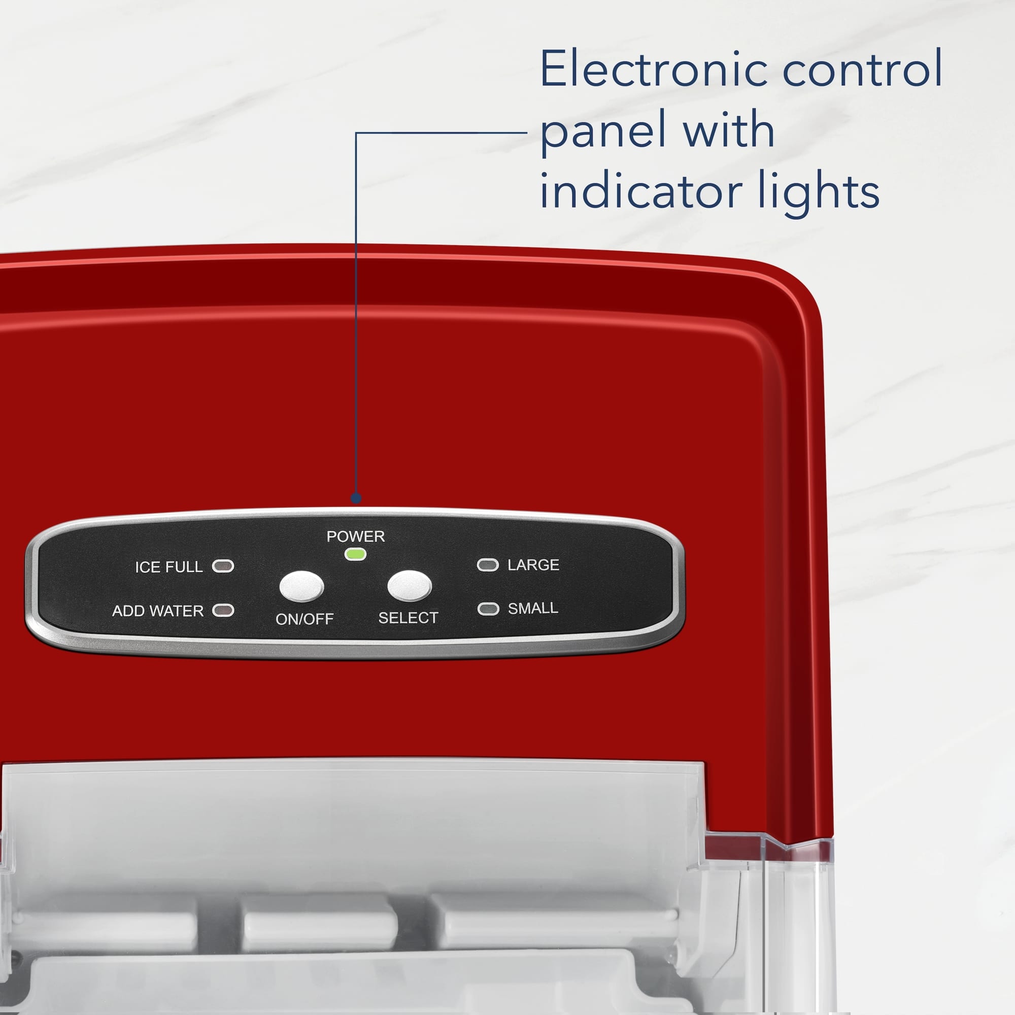 The image shows a red appliance with an electronic control panel that has indicator lights. The panel features a power button, an ice full button, an add water button, and an on/off button. There is also a select button for choosing between large and small options.
