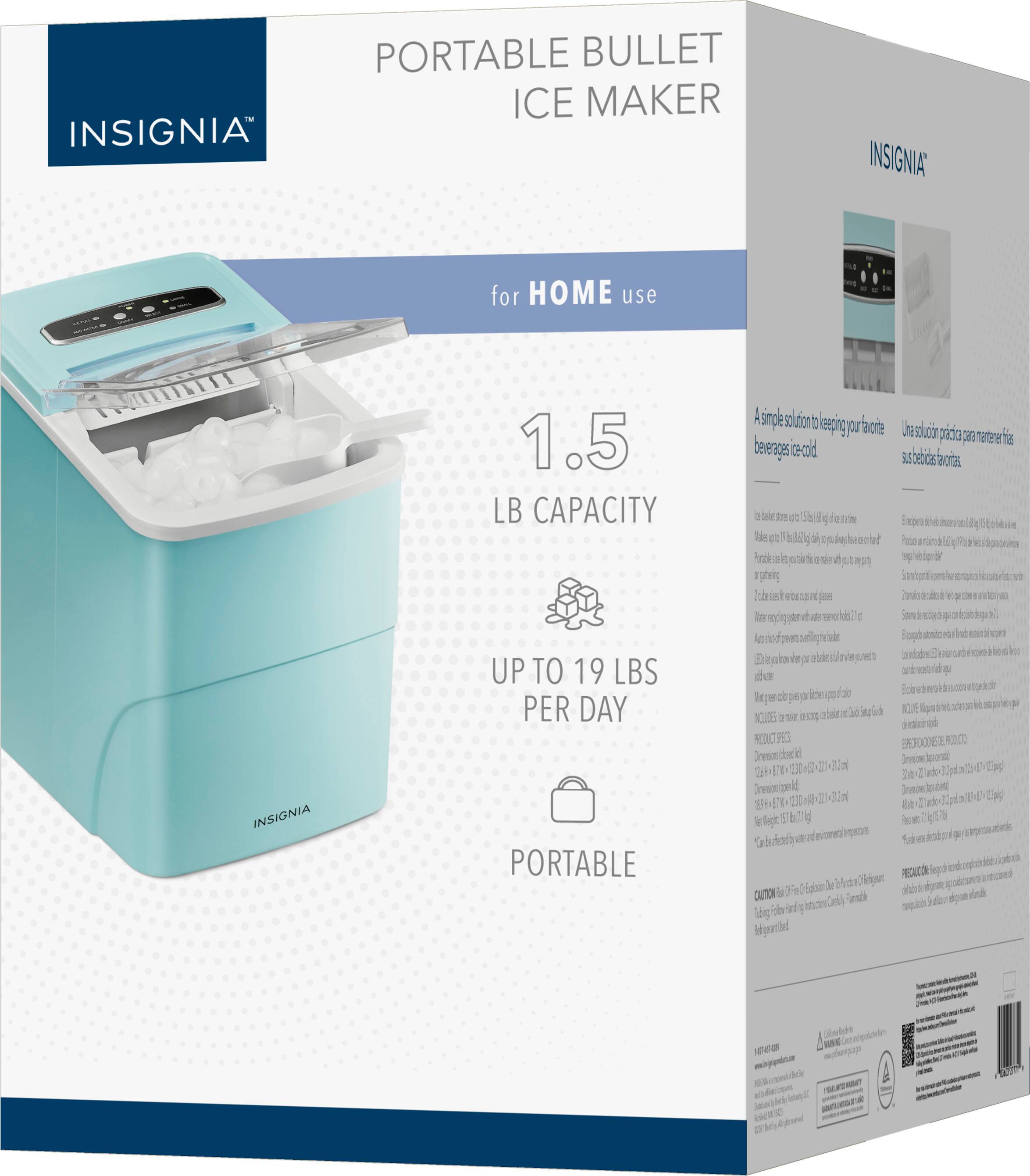 INSIGNIA PORTABLE BULLET ICE MAKER: 1.5 LB CAPACITY, FOR HOME USE, UP TO 19 LBS PER DAY.
