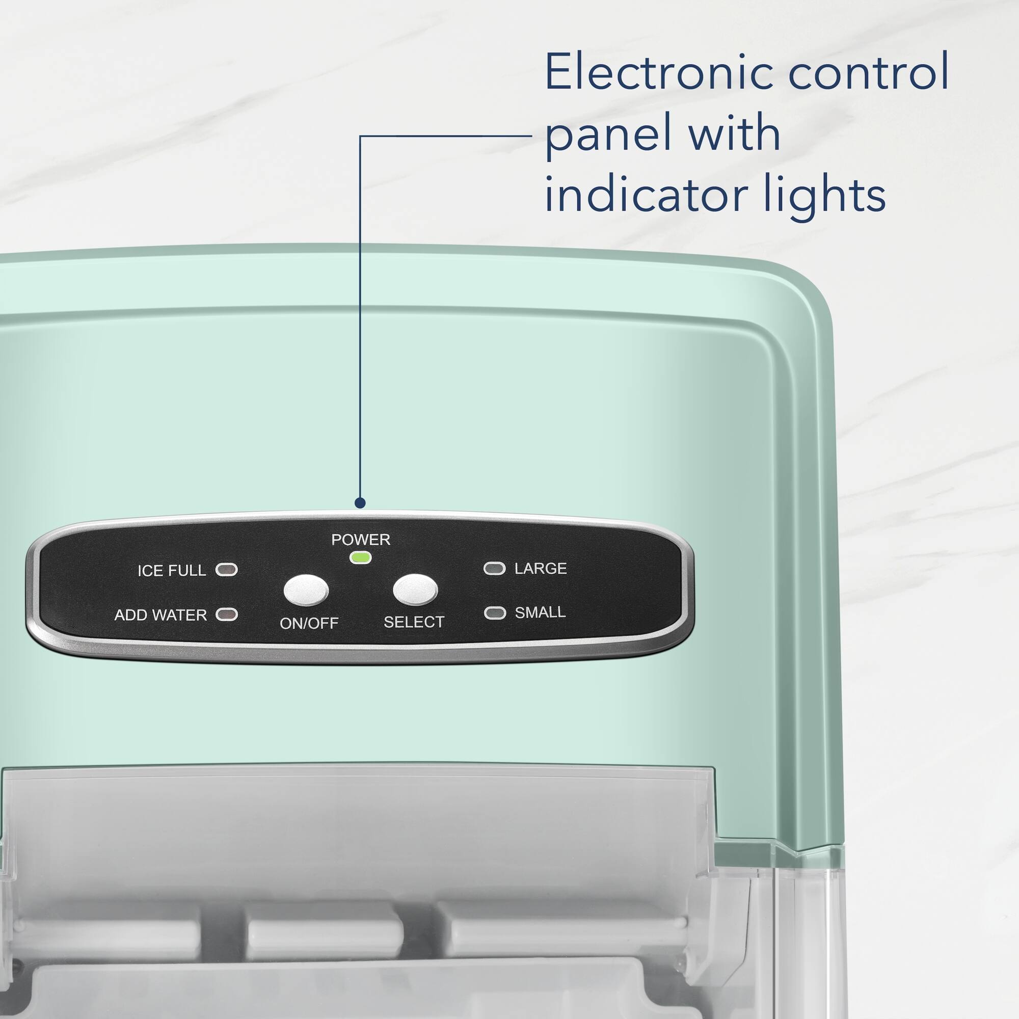 The image features an electronic control panel with indicator lights for various functions. The panel has a power button, an ice full button, an add water button, and an on/off button. Additionally, there is a select button for choosing between small and large options. The control panel is located on a refrigerator, which is a common appliance in many households.