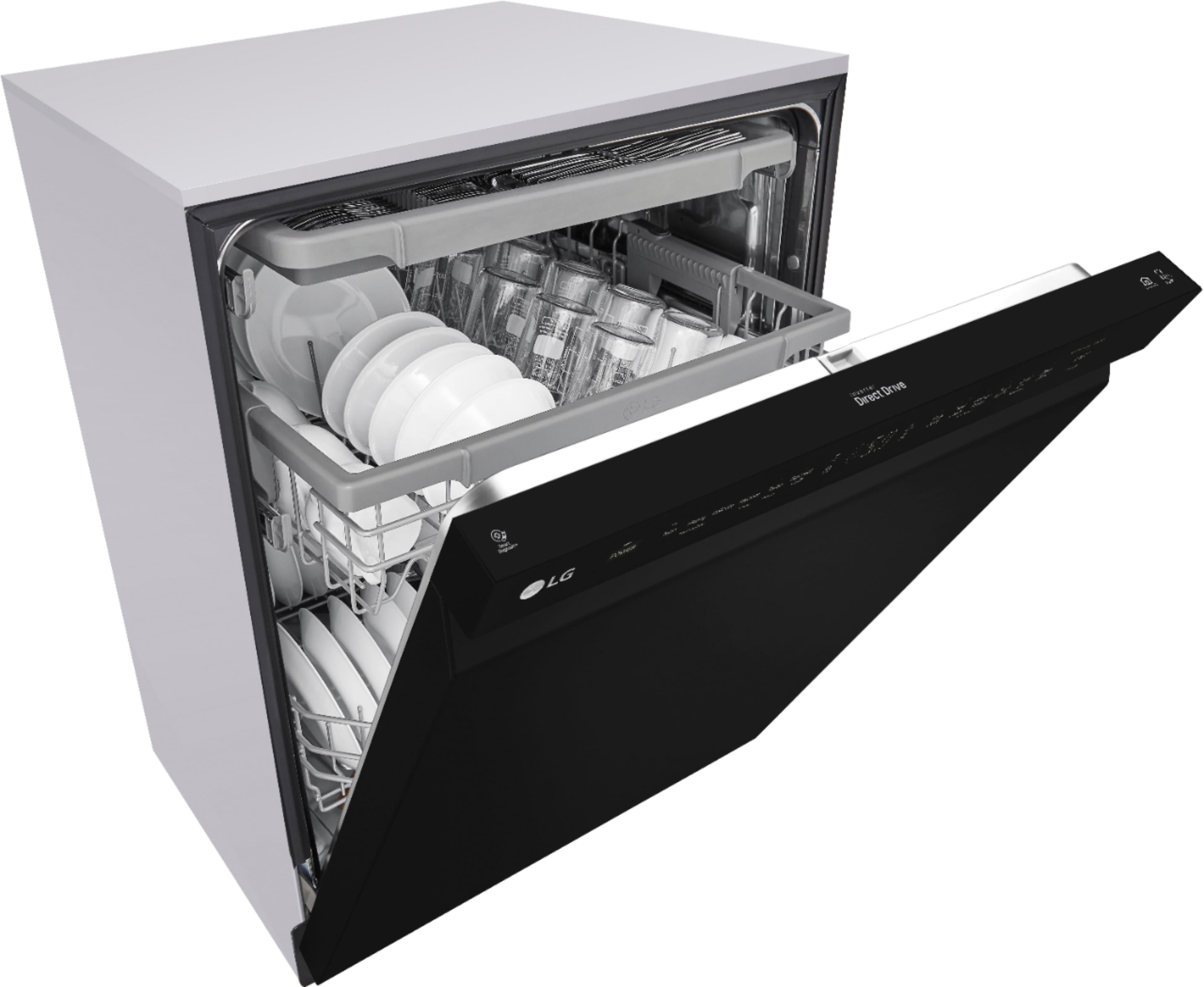 Angle. LG - 24" Front Control Smart Built-In Stainless Steel Tub Dishwasher with 3rd Rack, QuadWash, and 48dba - Black.
