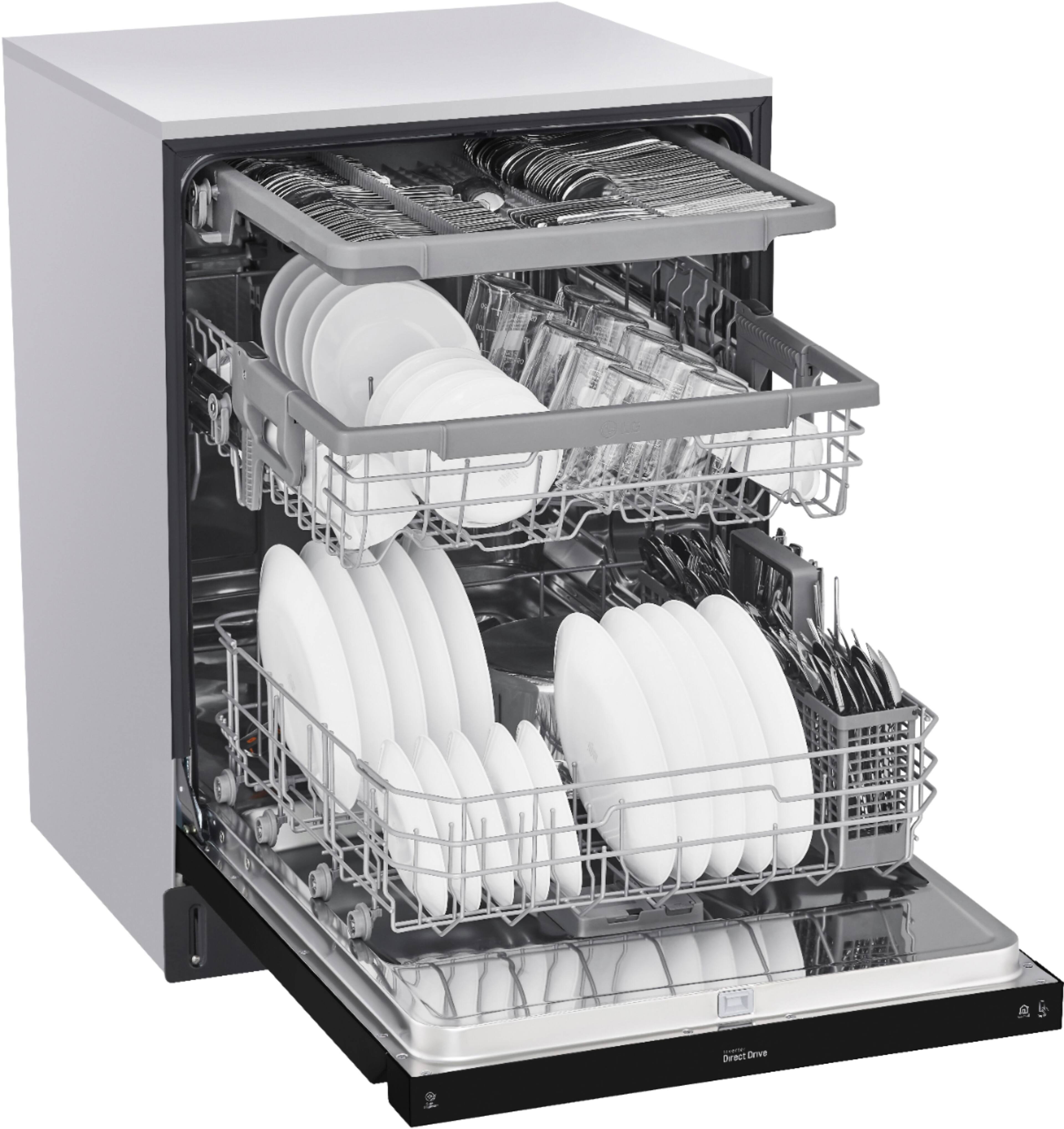 Left. LG - 24" Front Control Smart Built-In Stainless Steel Tub Dishwasher with 3rd Rack, QuadWash, and 48dba - Black.
