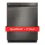 The image features a black LG dishwasher with a red sticker on it. The sticker reads "QuadWashTM + 3rd Rack," indicating that the dishwasher has a unique feature that allows for more efficient washing of dishes. The dishwasher is built into the wall, making it a space-saving and modern addition to a kitchen.