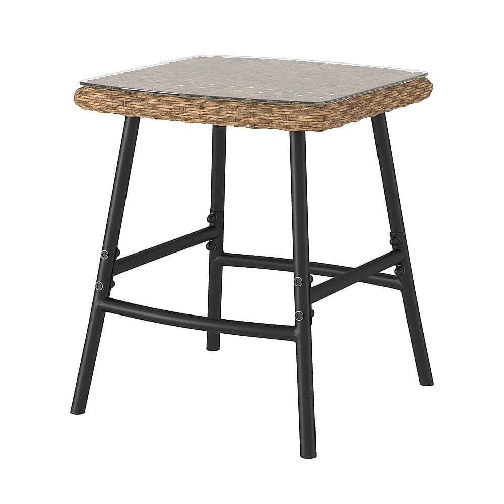 Left View: Walker Edison - Wicker Glass Top Outdoor Side Table - Brown