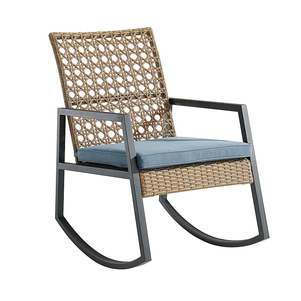 Left View: Walker Edison - Modern Wicker Deep Seated Rocking Chair - Beige Blue