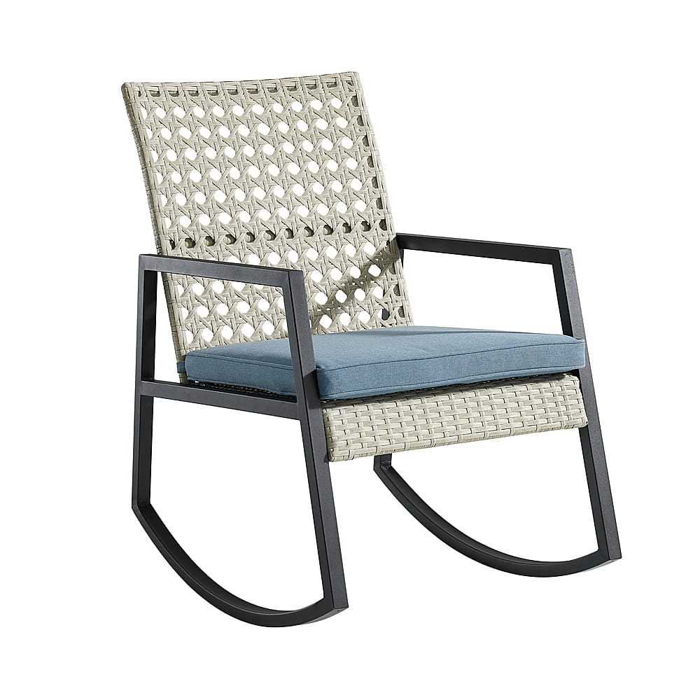 Left View: Walker Edison - Modern Wicker Deep Seated Rocking Chair - Grey Blue