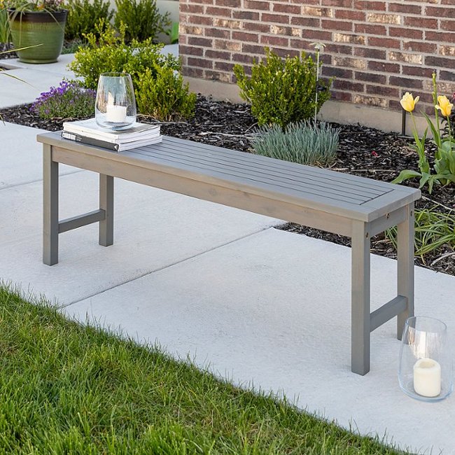 Walker Edison - Patio Outdoor Cypress Acacia Wood Dining Bench - Grey Wash_4