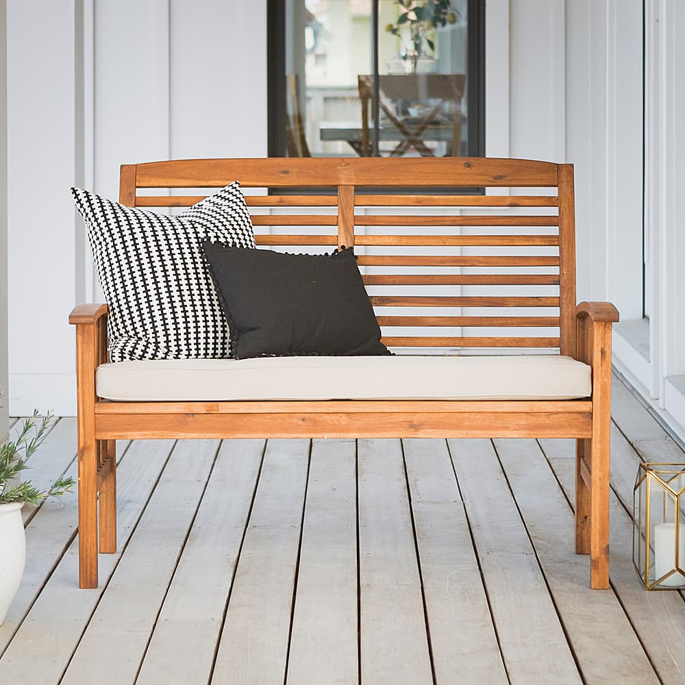 Left View: Walker Edison - Patio Outdoor Cypress Acacia Wood Garden Bench - Brown