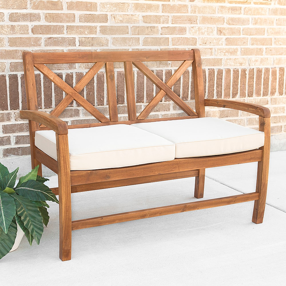 Left View: Walker Edison - Patio Outdoor Hunter Acacia Wood Garden Bench - Brown