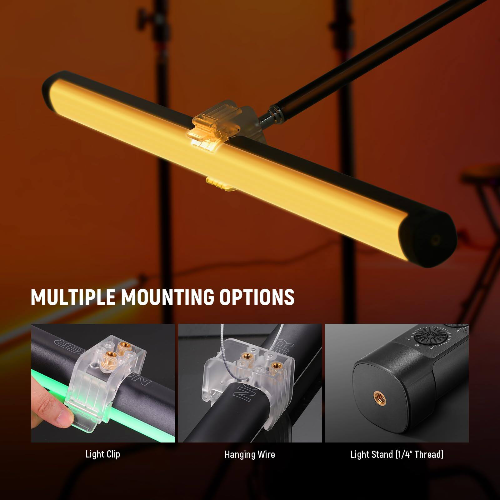 MULTIPLE MOUNTING OPTIONS

- Light Clip
- Hanging Wire
- Light Stand (1/4" Thread)
