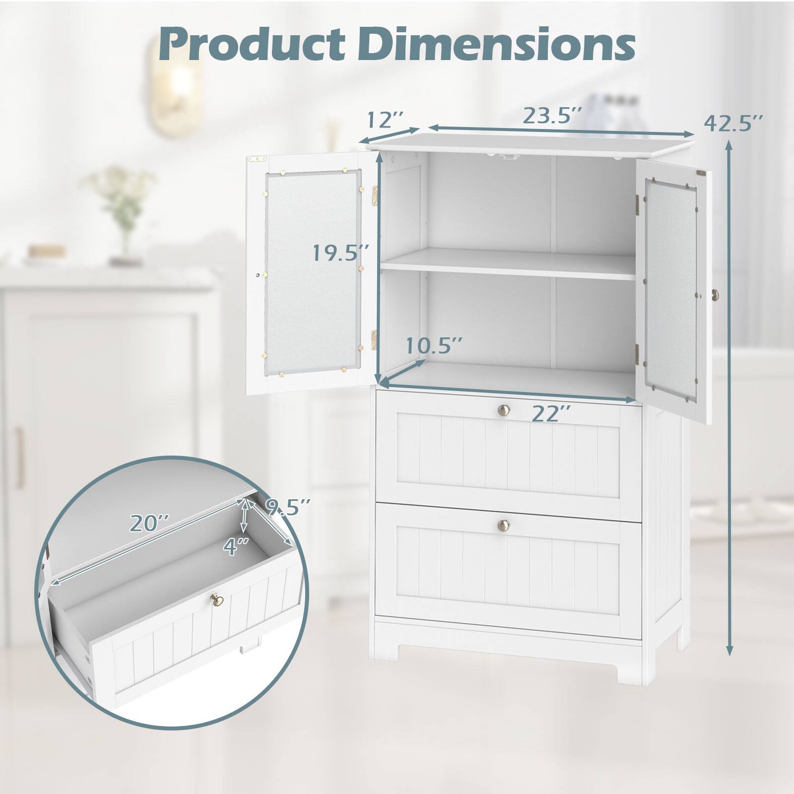 Product Dimensions

- Width: 42.5"
- Height: 23.5"
- Depth: 12"
- Shelf Height: 19.5"
- Shelf Depth: 10.5"
- Drawer Height: 9.5"
- Drawer Width: 20"
- Drawer Depth: 4"
- Drawer Width: 22"