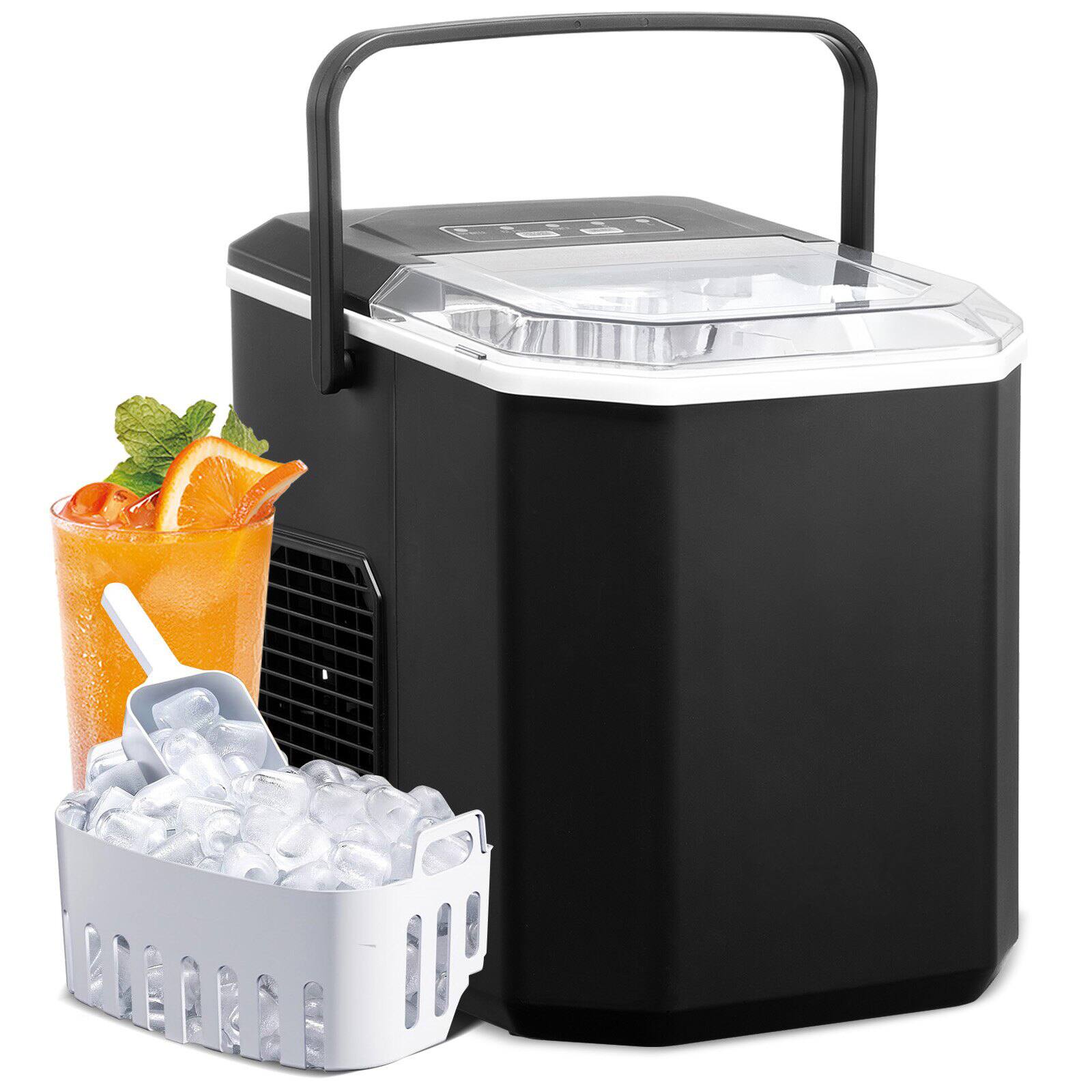 Front. Glintex - Countertop Ice Maker, Bullet Ice, 9 Cubes in 6 Min, 26 lb/Day, 2 Sizes, Self-Cleaning, Scoop & Basket - Black.