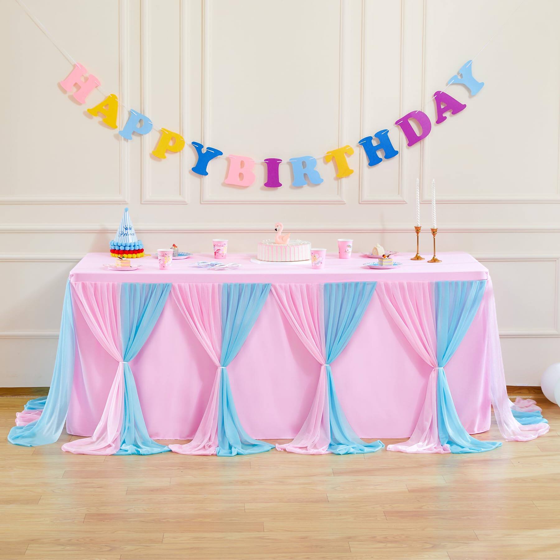 Alt View 2. Dapper Styles - Tulle Tablecloth For Rectangle Tables 3 Sides Wedding Birthday Party Shower Cake Dessert Buffet Banquet Tab... - Blue Pink-72" x 30" (Rectangular).