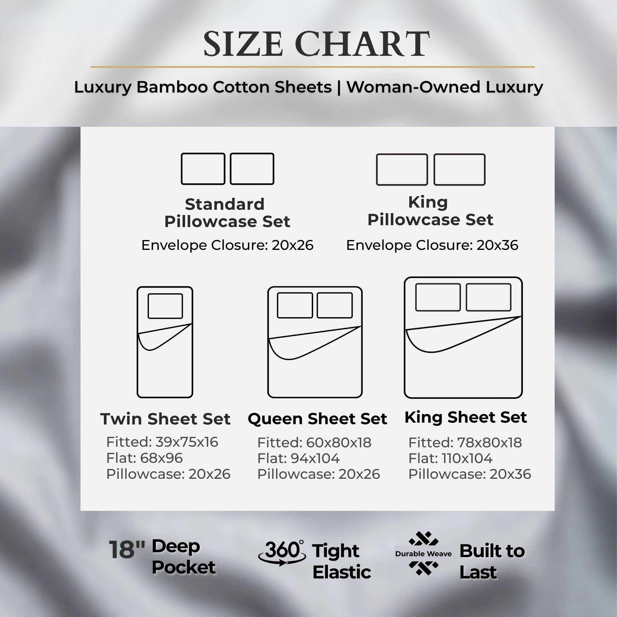 **SIZE CHART**

Luxury Bamboo Cotton Sheets | Woman-Owned Luxury

**Standard Pillowcase Set**  
Envelope Closure: 20x26

**King Pillowcase Set**  
Envelope Closure: 20x36

**Twin Sheet Set**  
Fitted: 39x75x16  
Flat: 68x96  
Pillowcase: 20x26

**Queen Sheet Set**  
Fitted: 60x80x18  
Flat: 94x104  
Pillowcase: 20x26

**King Sheet Set**  
Fitted: 78x80x18  
Flat: 110x104  
Pillowcase: 20x36

18" Deep Pocket  
360° Tight Elastic  
Durable Weave  
Built to Last