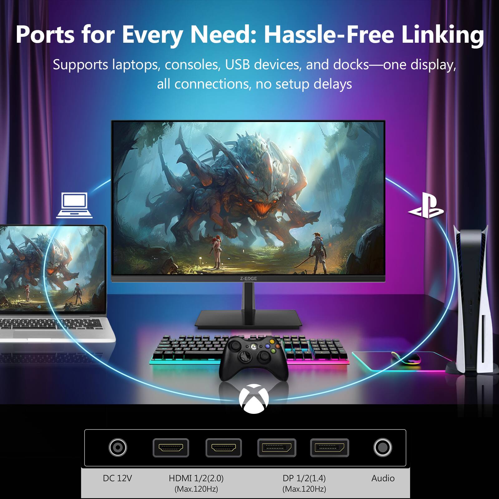 Ports for Every Need: Hassle-Free Linking  
Supports laptops, consoles, USB devices, and docks— one display, all connections, no setup delays  

DC 12V  
HDMI 1/2 (2.0) (Max. 120Hz)  
DP 1/2 (1.4) (Max. 120Hz)  
Audio