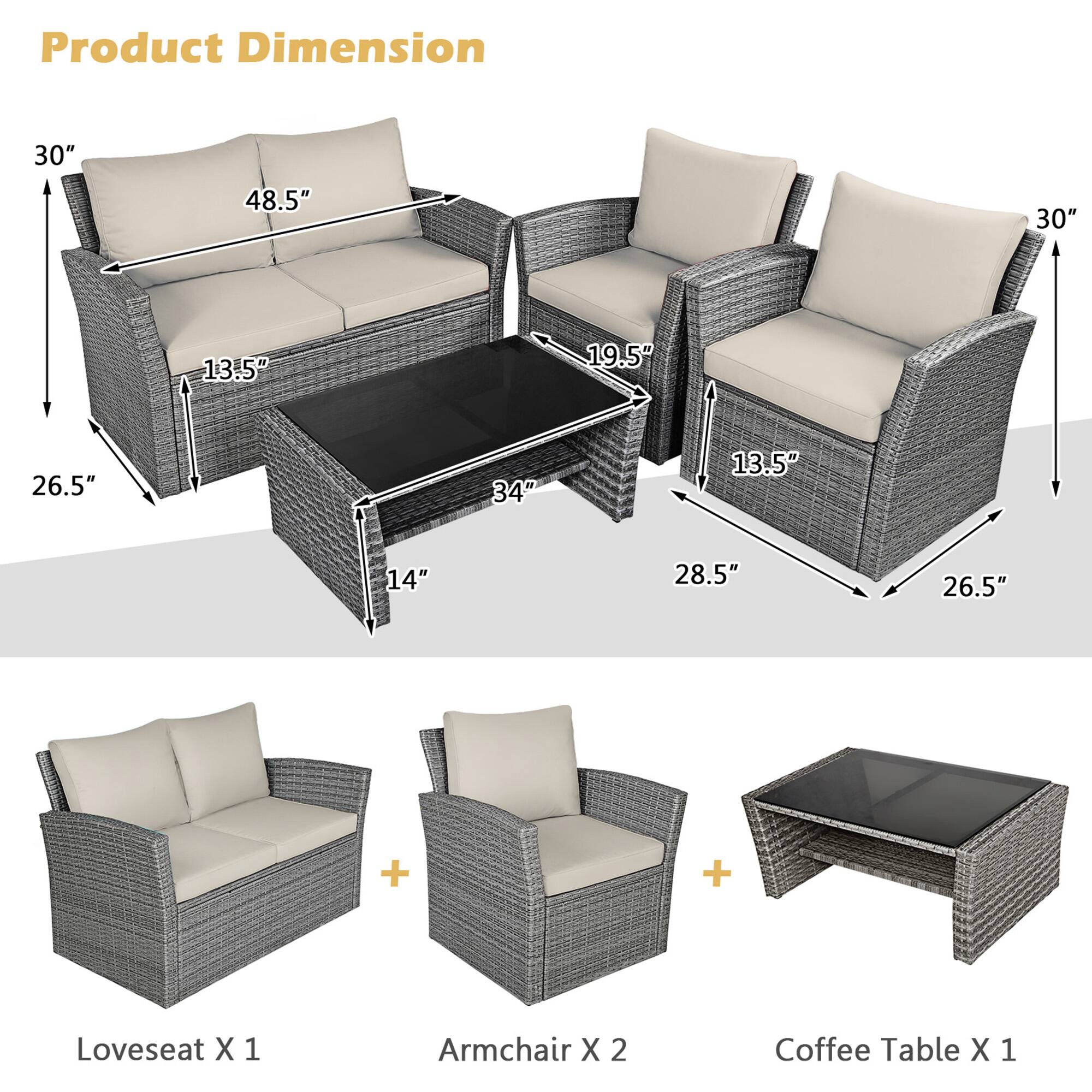 Product Dimension: 30" 48.5" 30" 13.5" 19.5" 26.5" 34" 13.5" 14" 28.5" 26.5" + + Loveseat X 1 Armchair X 2 Coffee Table X 1