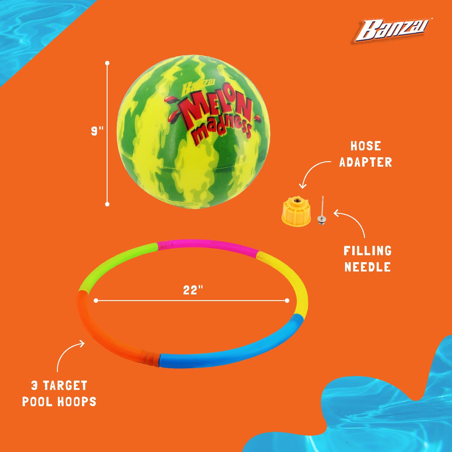 9" Banzai Melon Madness Hose Adapter Filling Needle 22" 3 Target Pool Hoops
