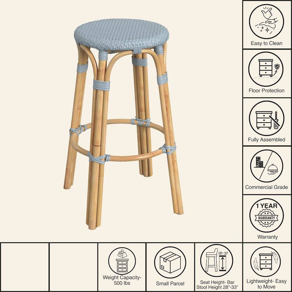 Easy to Clean  
Floor Protection  
Fully Assembled  
Commercial Grade  
1 YEAR WARRANTY  
Weight Capacity- 500 lbs  
Small Parcel  
Seat Height- Bar Stool Height 28"-33"  
Lightweight- Easy to Move