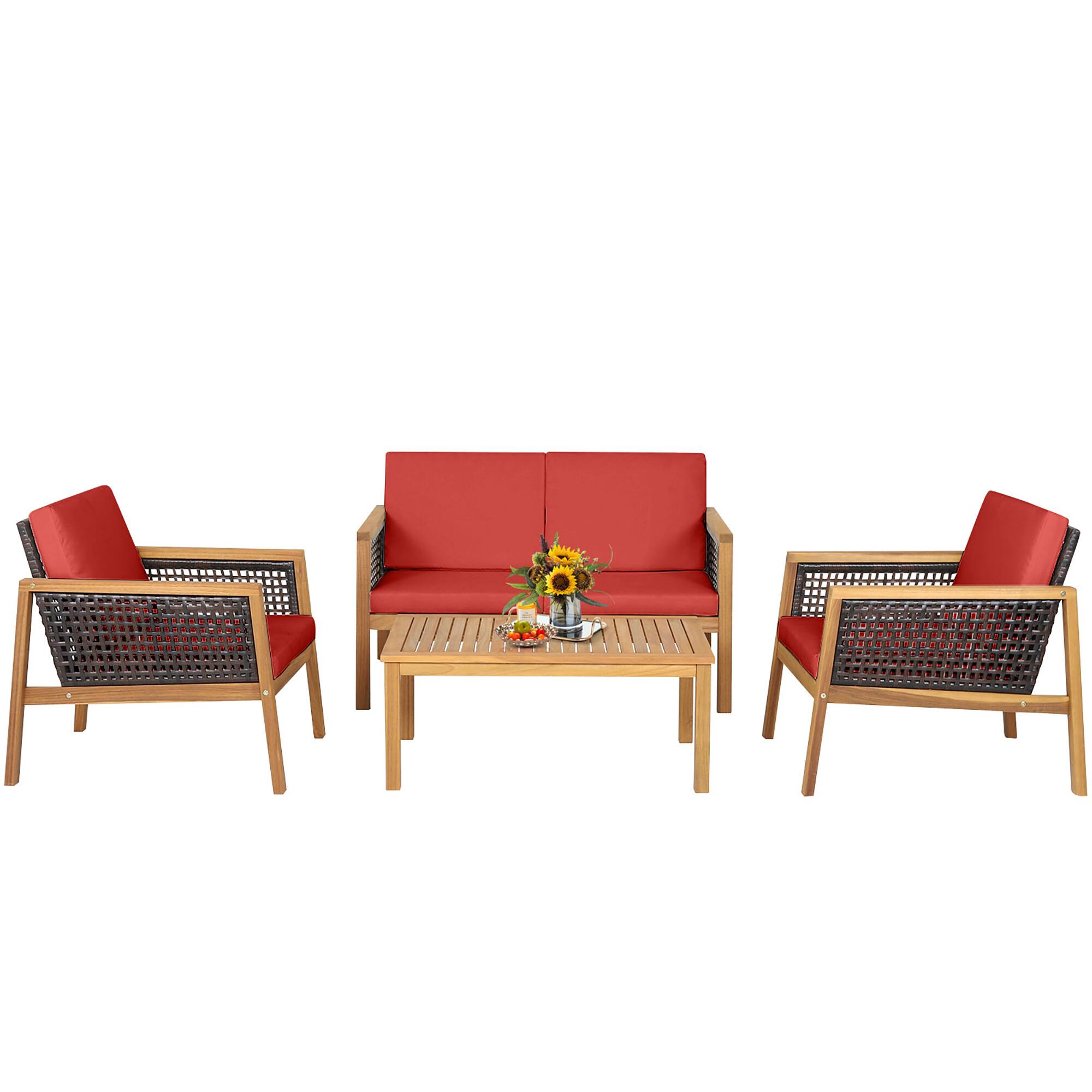 Alt View 1. Gymax - Gymax 4PCS Patio Acacia Wood Furniture Set PE Rattan Conversation Set w/ Red Cushions - Red.