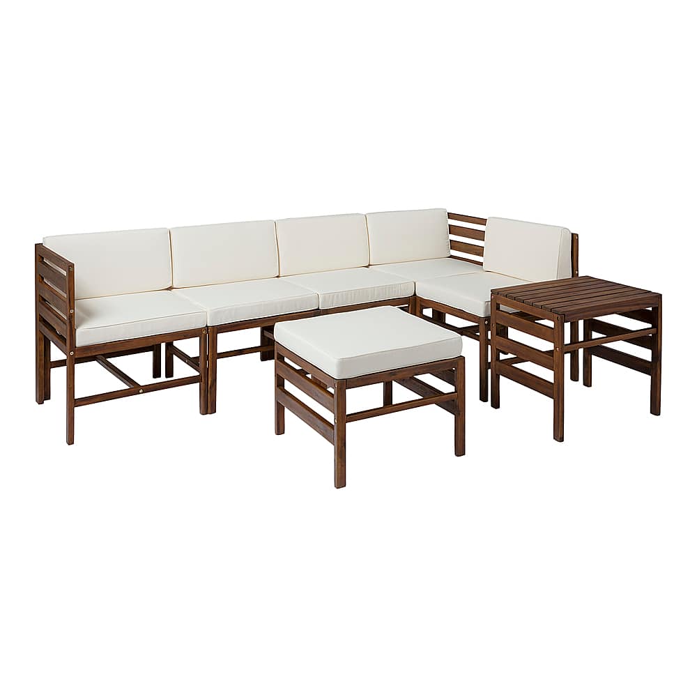 Left View: Walker Edison - Harbor 7-Piece Acacia Wood Patio Sectional - Dark Brown