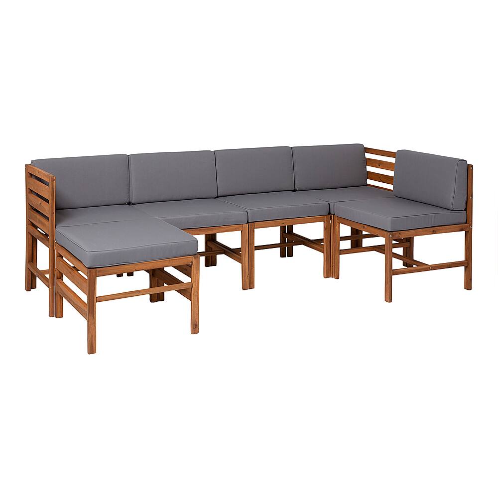 Left View: Walker Edison - Harbor 6-Piece Acacia Wood Patio Sectional - Brown