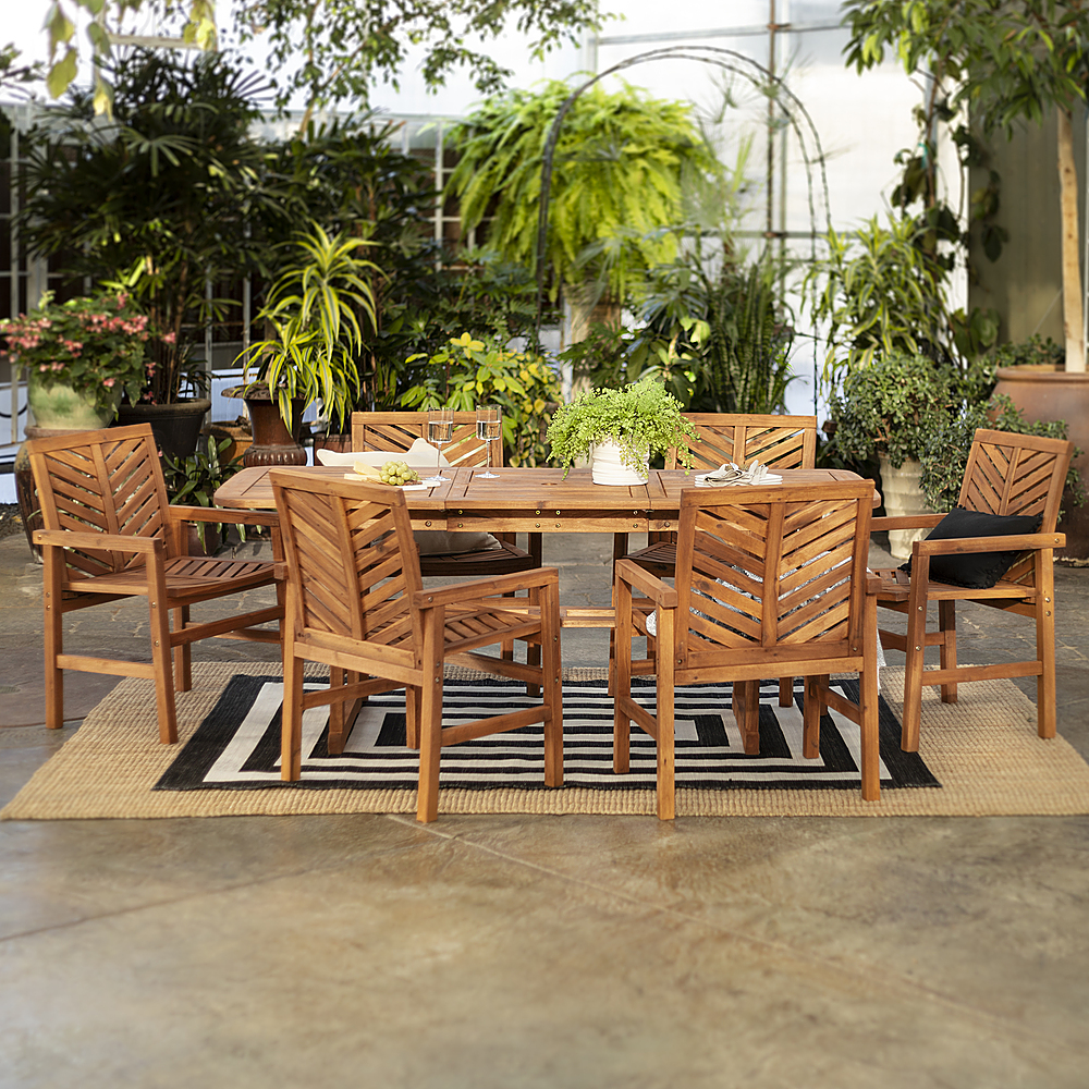 Left View: Walker Edison - 7-Piece Windsor Acacia Wood Extendable Patio Dining Set - Brown