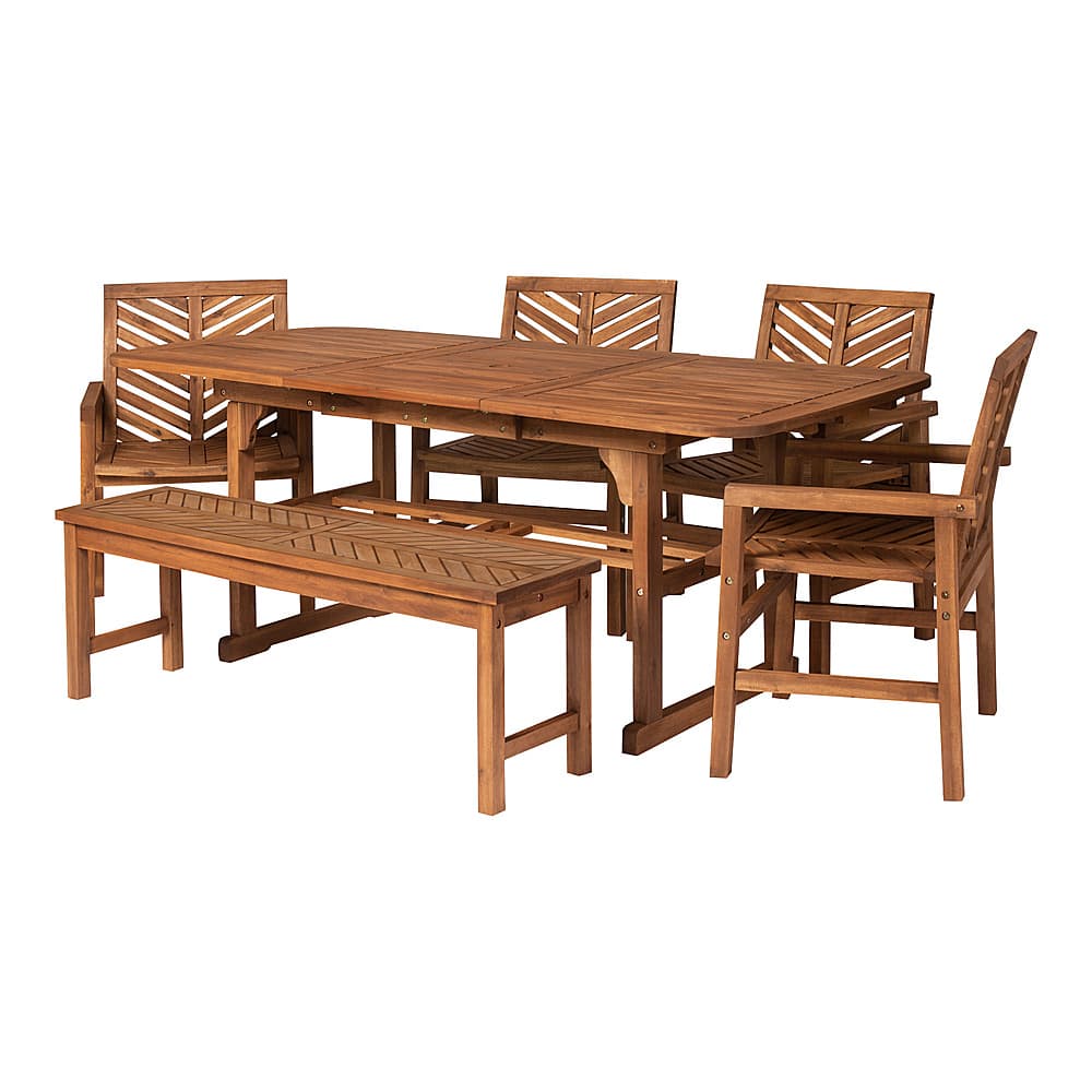 Left View: Walker Edison - 6-Piece Windsor Acacia Wood Extendable Patio Dining Set - Brown