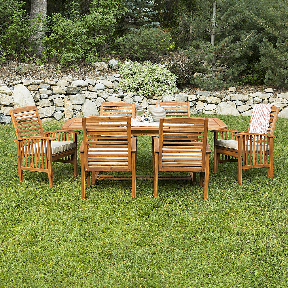 Left View: Walker Edison - 7-Piece Cypress Acacia Wood Patio Dining Set - Brown