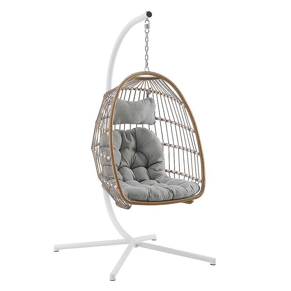 Angle View: Walker Edison - Swinging Wicker Patio Egg Chair with Cushion - Beige